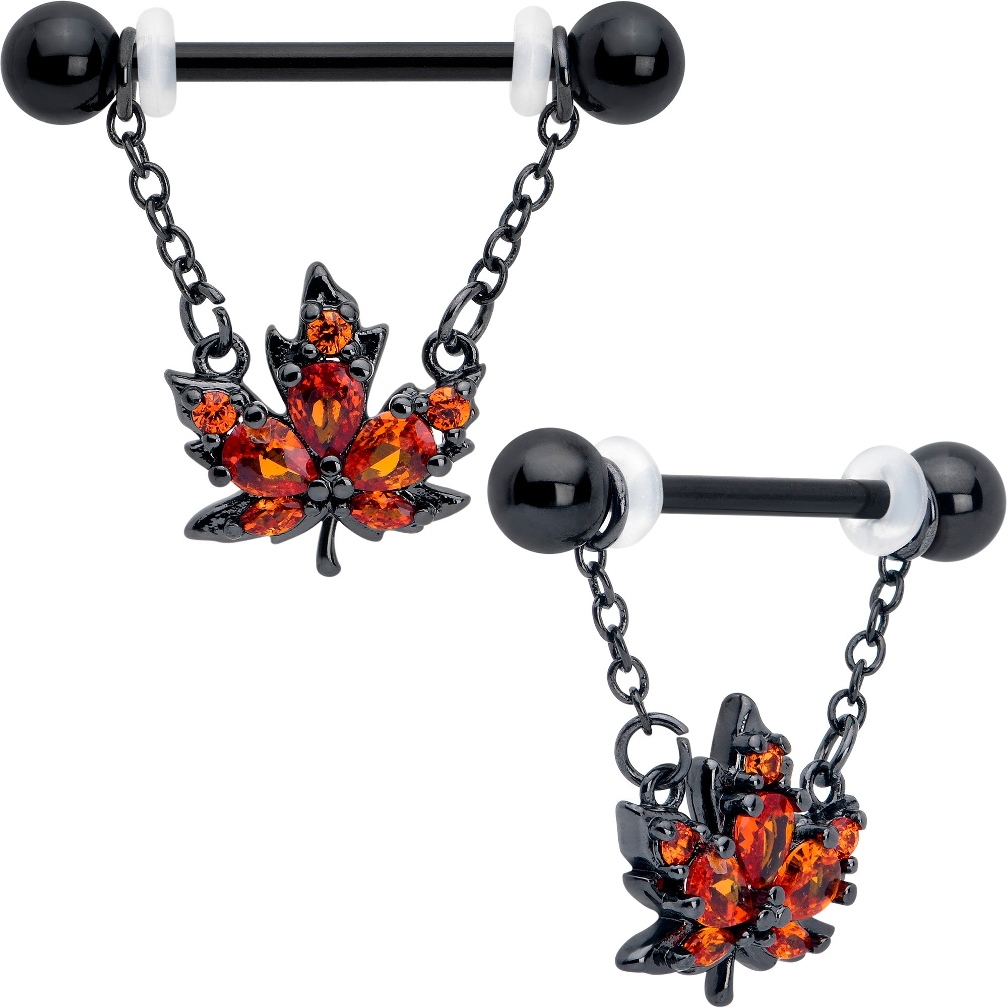 14 Gauge 9/16 Orange CZ Gem Black Autumn Leaf Dangle Nipple Ring Set