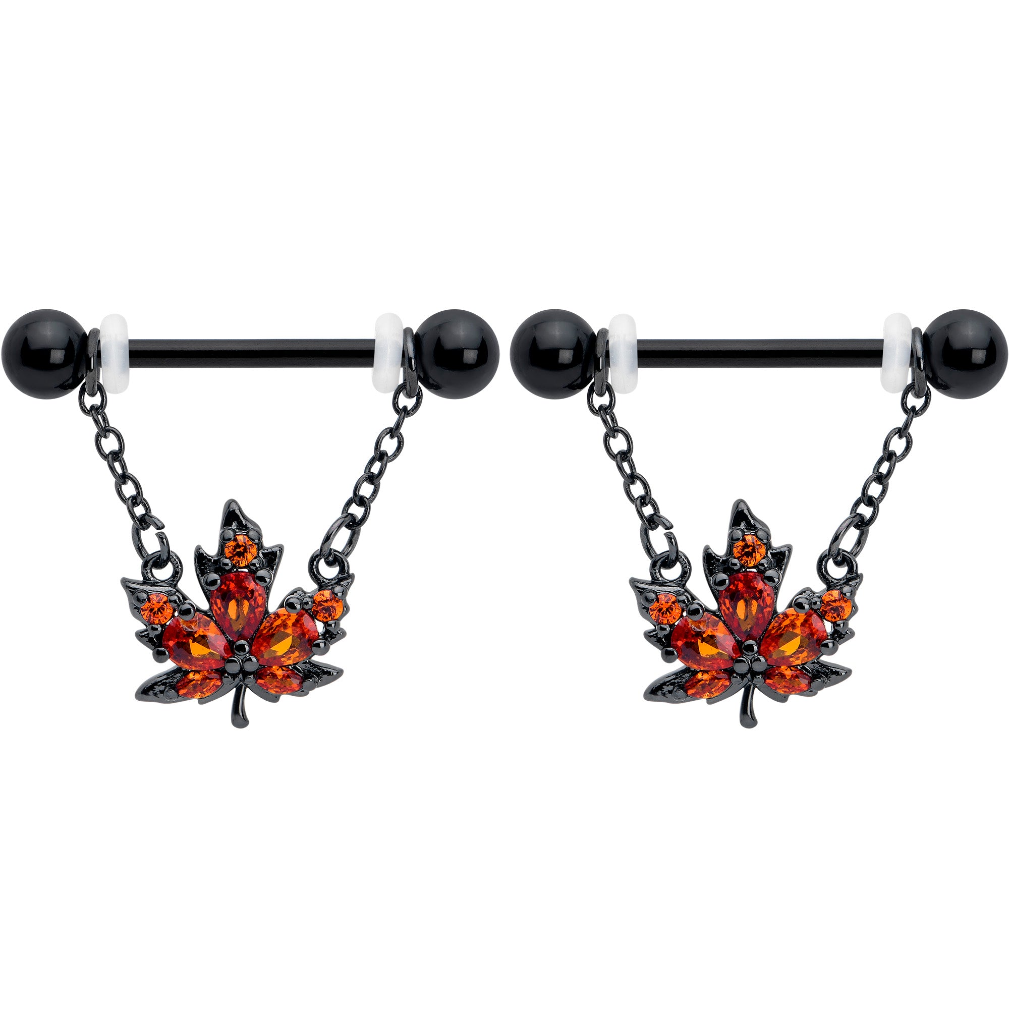 14 Gauge Orange CZ Gem Black Autumn Leaf Dangle Nipple Rings