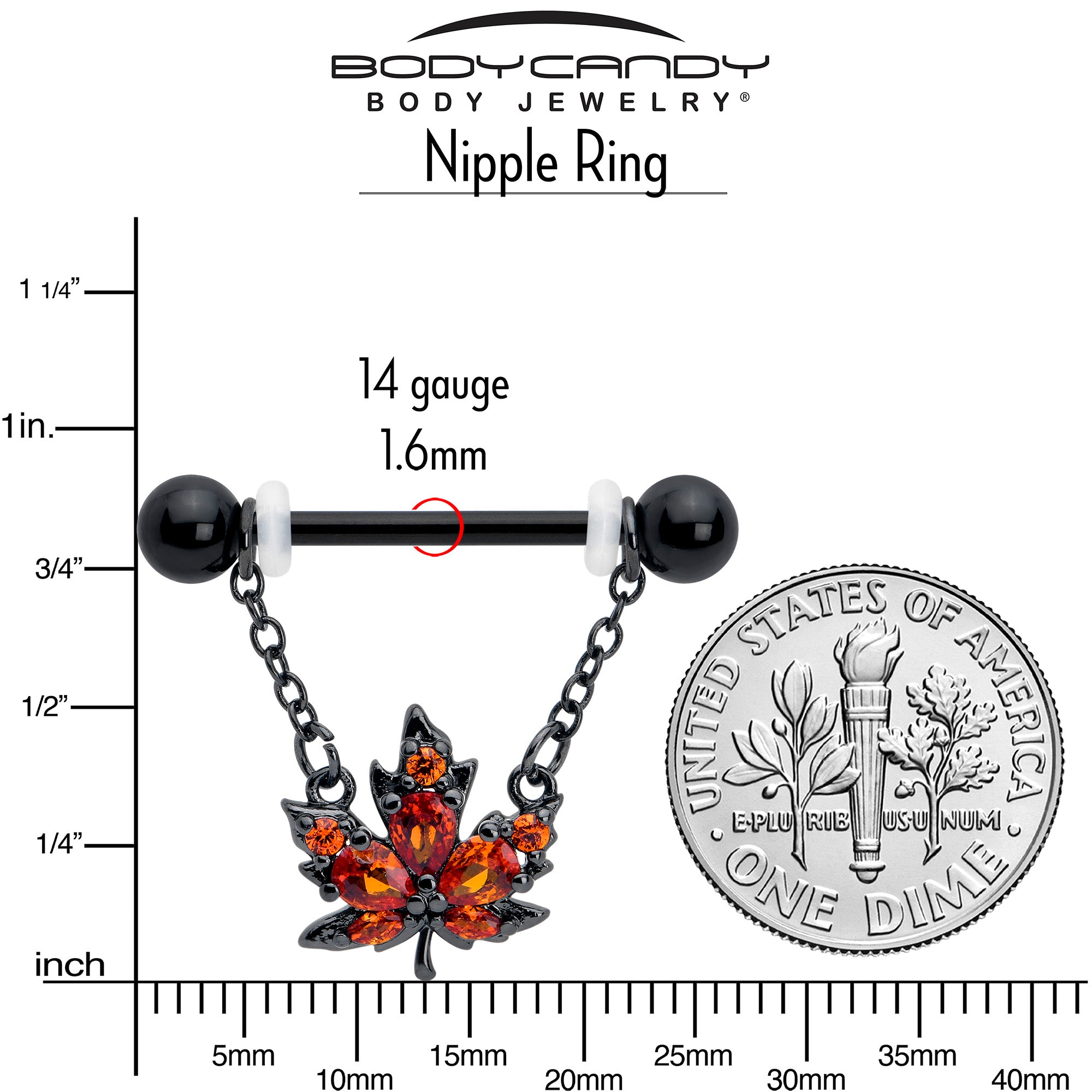 14 Gauge Nipple Ring Set with Black Autumn Leaf and Orange CZ Gem