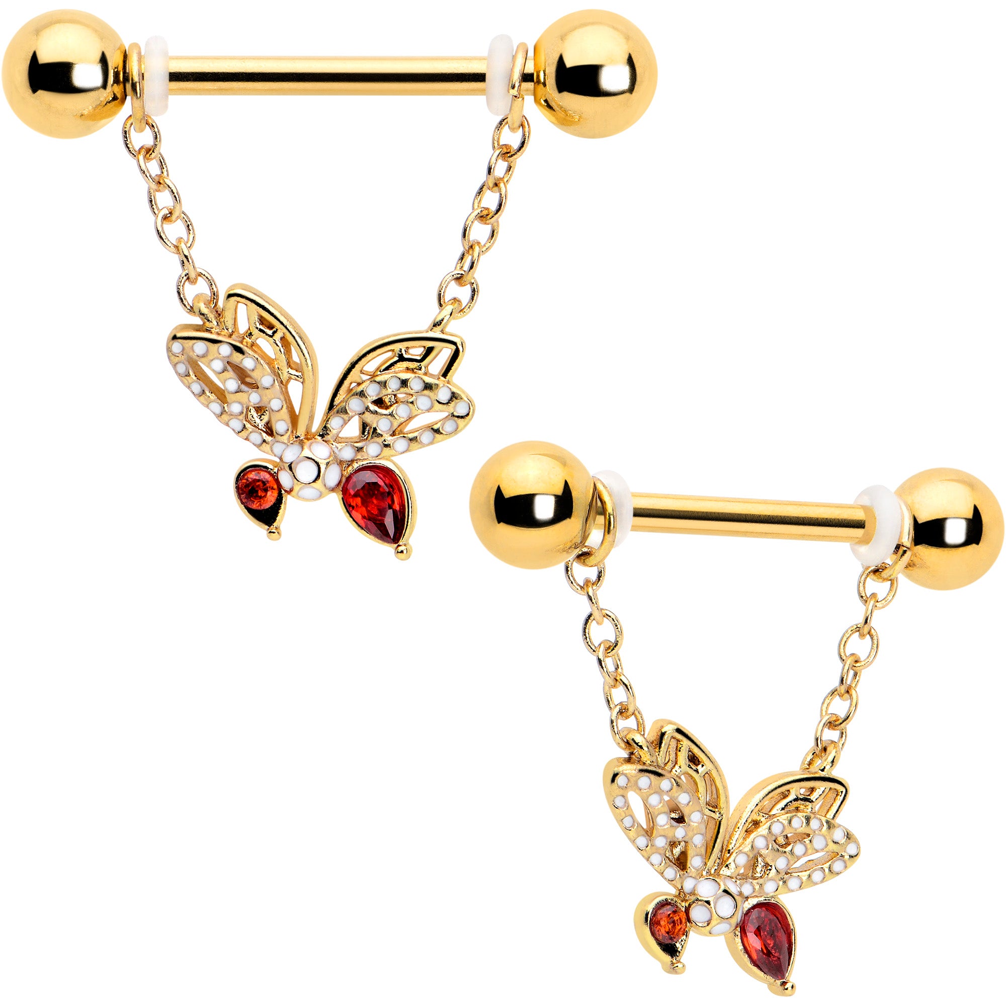 14 Gauge 9/16 Red CZ Gem Gold Tone Drama Butterfly Dangle Nipple Ring Set