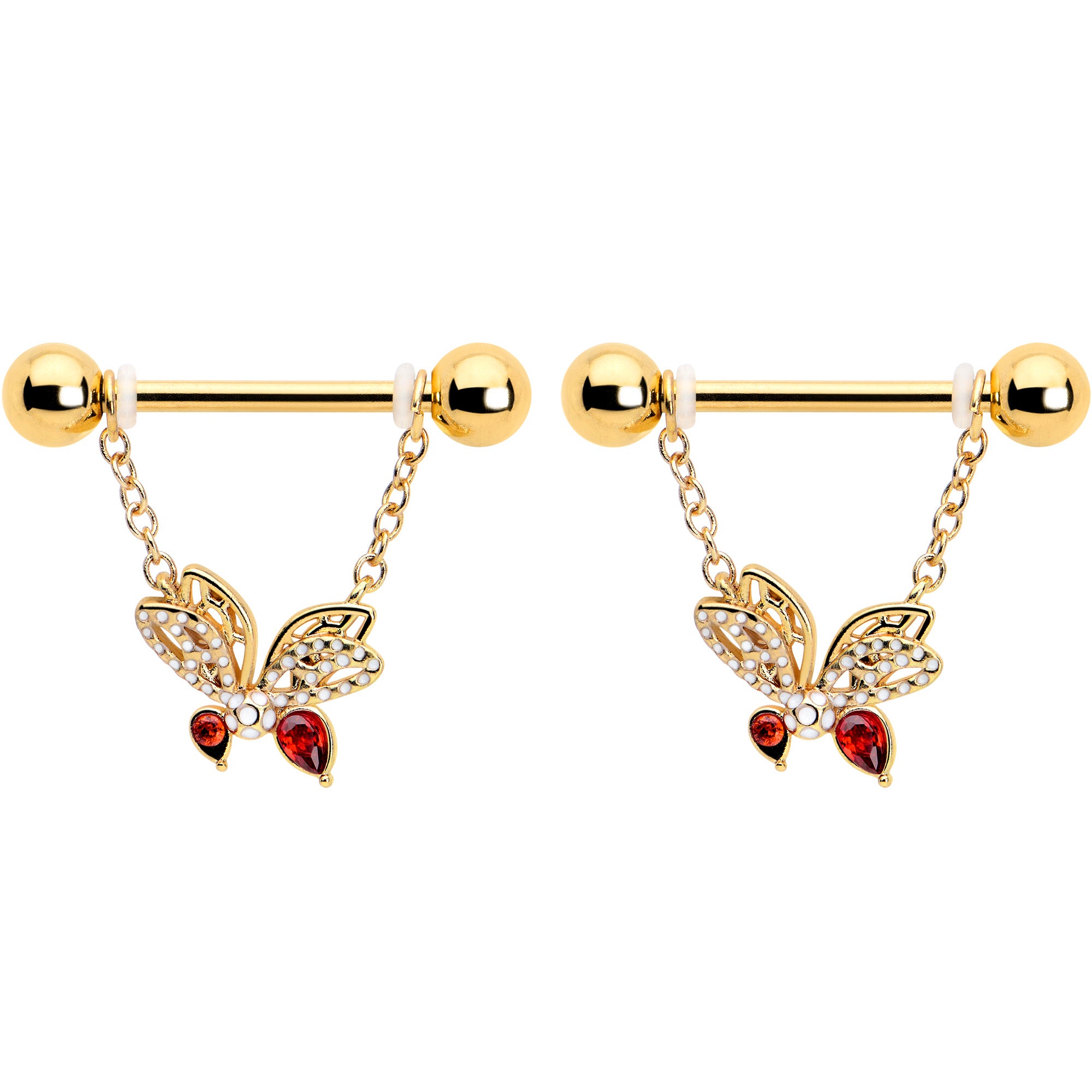 14 Gauge Red CZ Gem Gold Tone Butterfly Dangle Nipple Ring Set