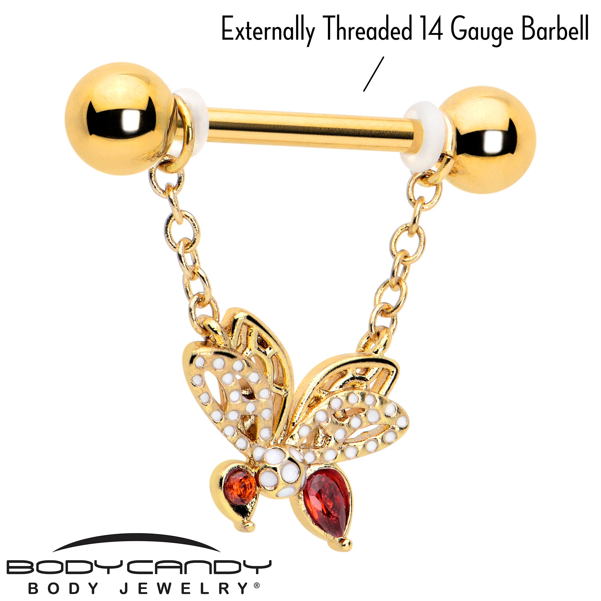 Gold Tone Drama Butterfly Nipple Rings with Red CZ Gems