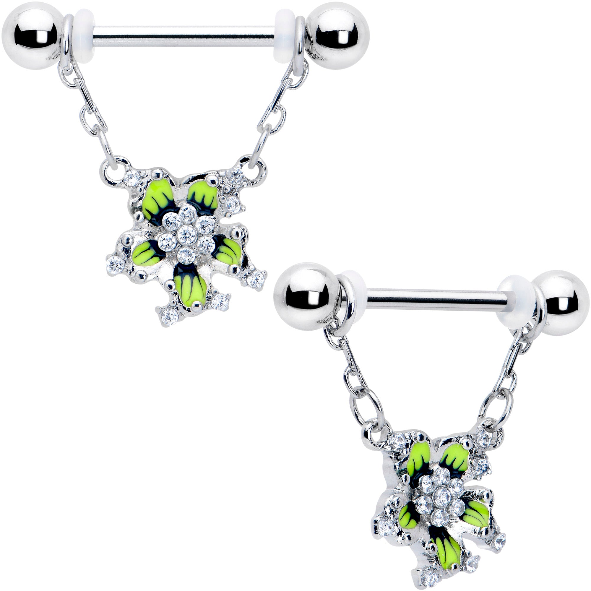 14 Gauge 9/16 Clear CZ Gem Go Green Flower Chain Dangle Nipple Ring Set