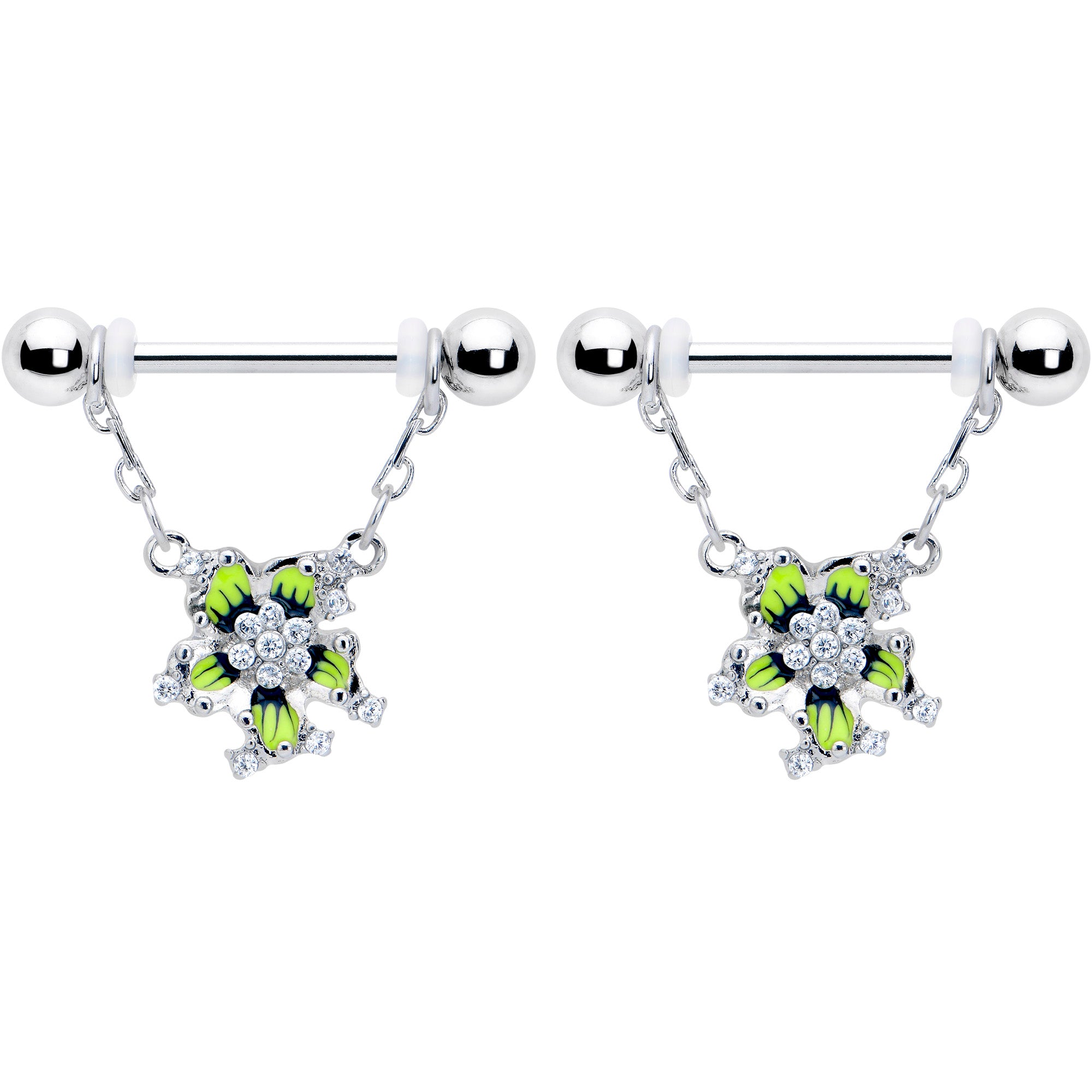 14 Gauge Clear CZ Gem Flower Chain Dangle Nipple Ring Set