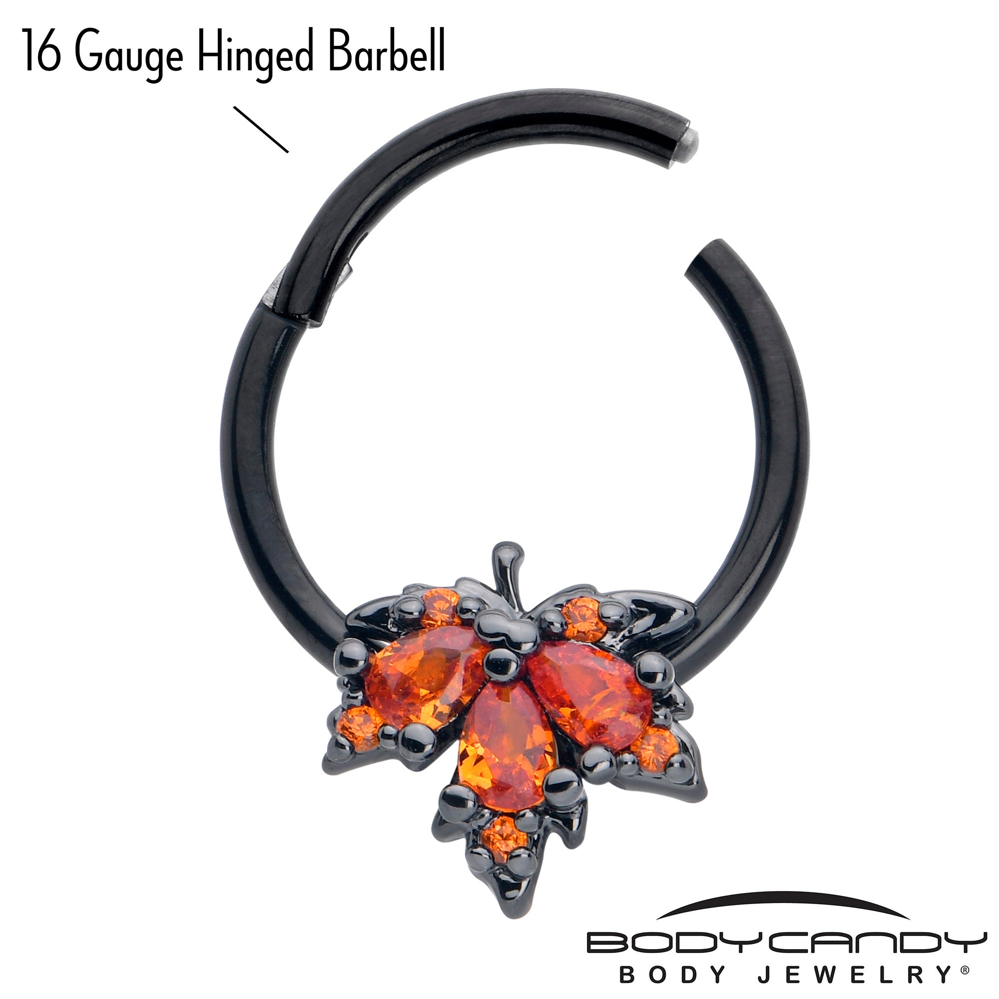 Black Autumn Leaf Ring with Orange CZ Gem 16 Gauge 3/8