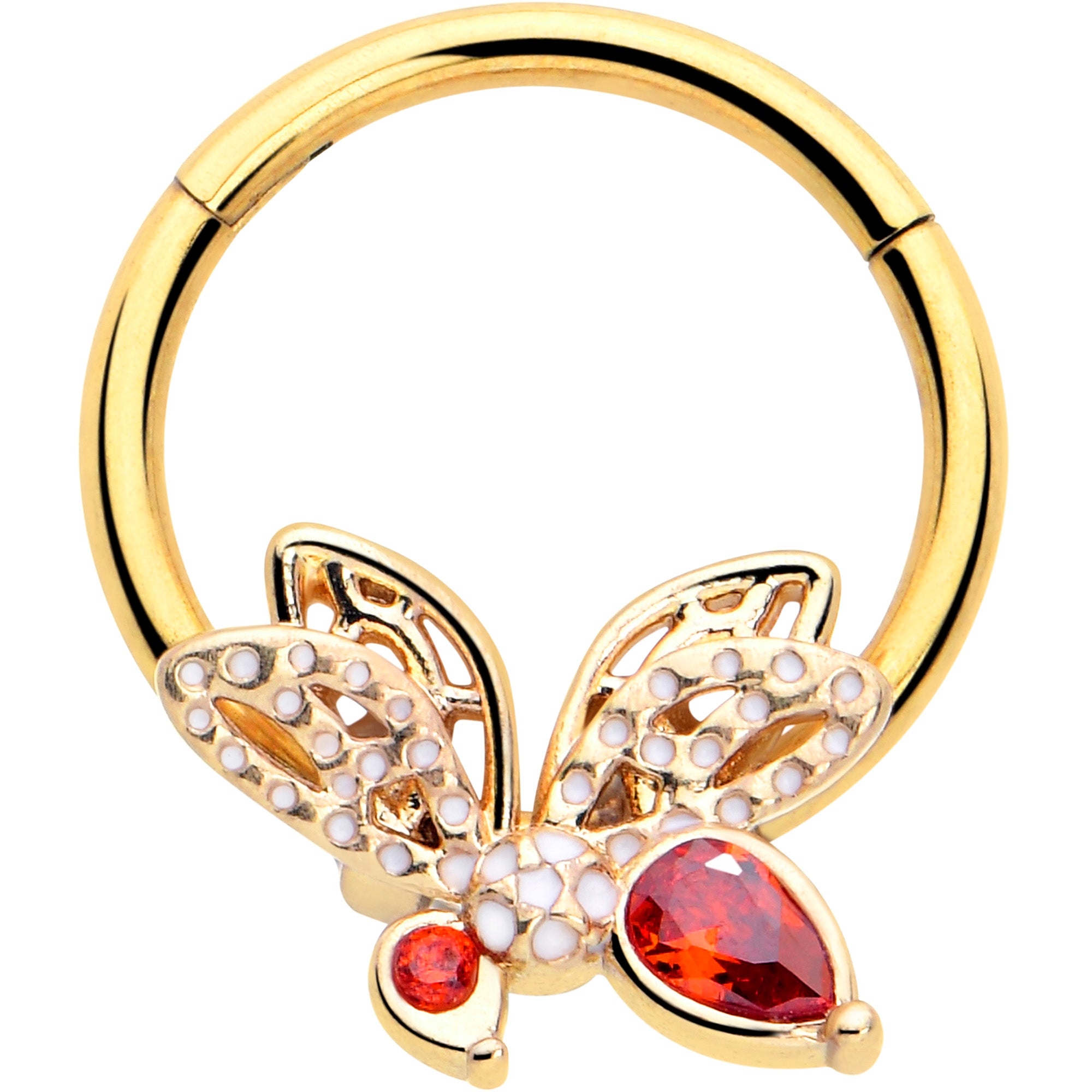 16 Gauge 3/8 Red CZ Gem Gold Tone Drama Butterfly Hinged Segment Ring