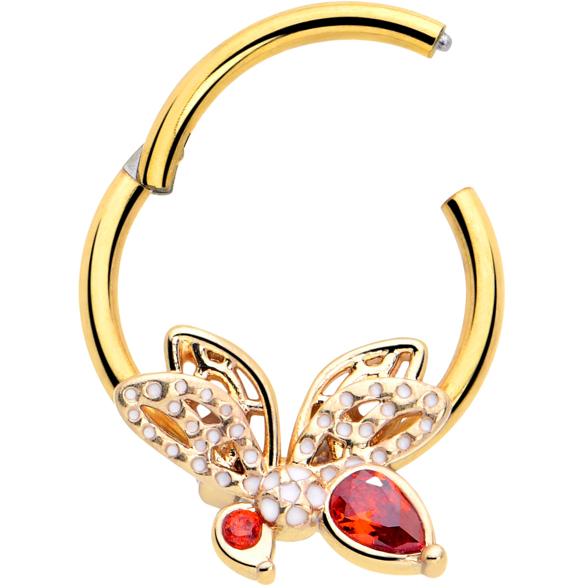 16 Gauge Red CZ Gem Butterfly Hinged Segment Ring in Gold Tone