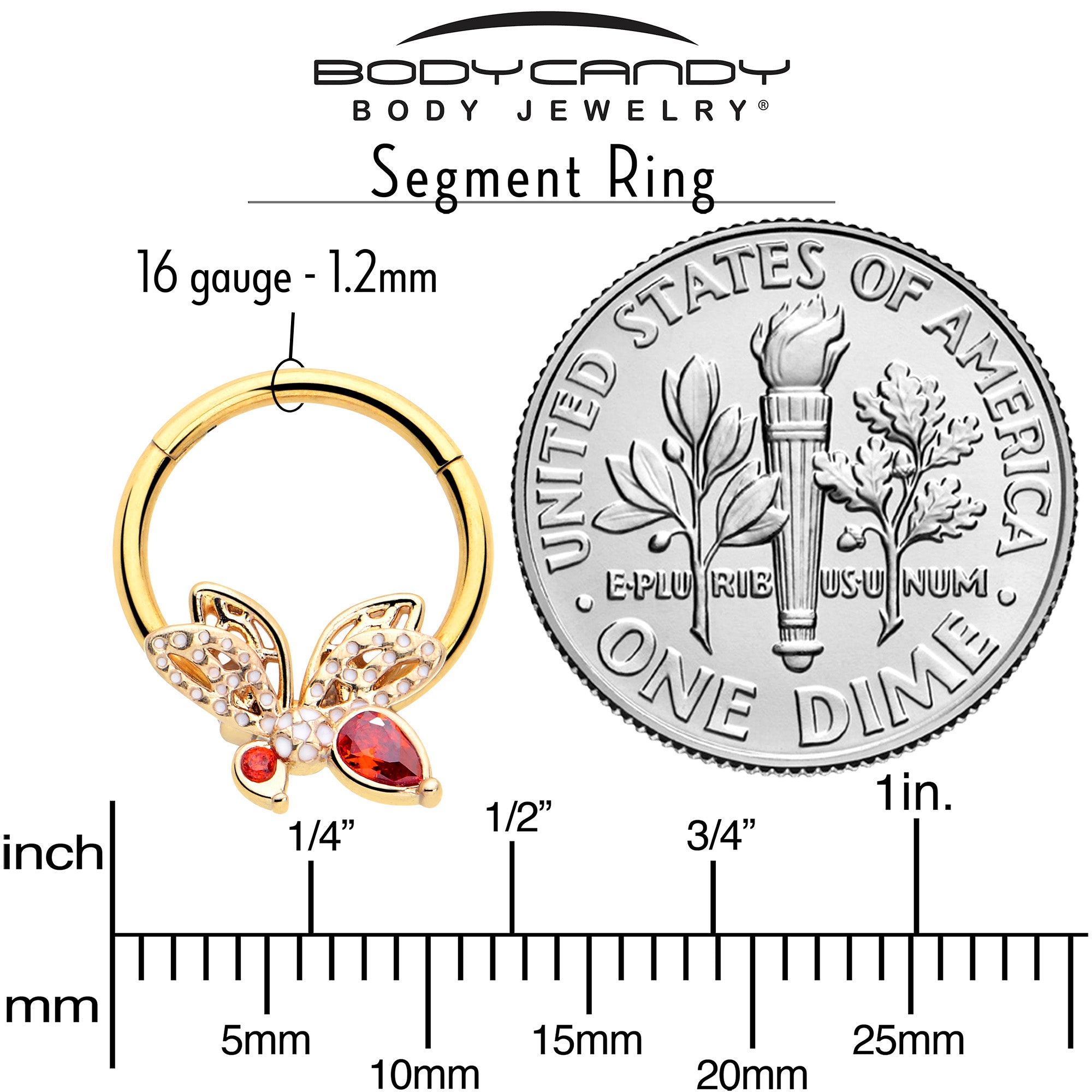 Elegant Gold Tone Butterfly Ring with 16 Gauge Red CZ Gem