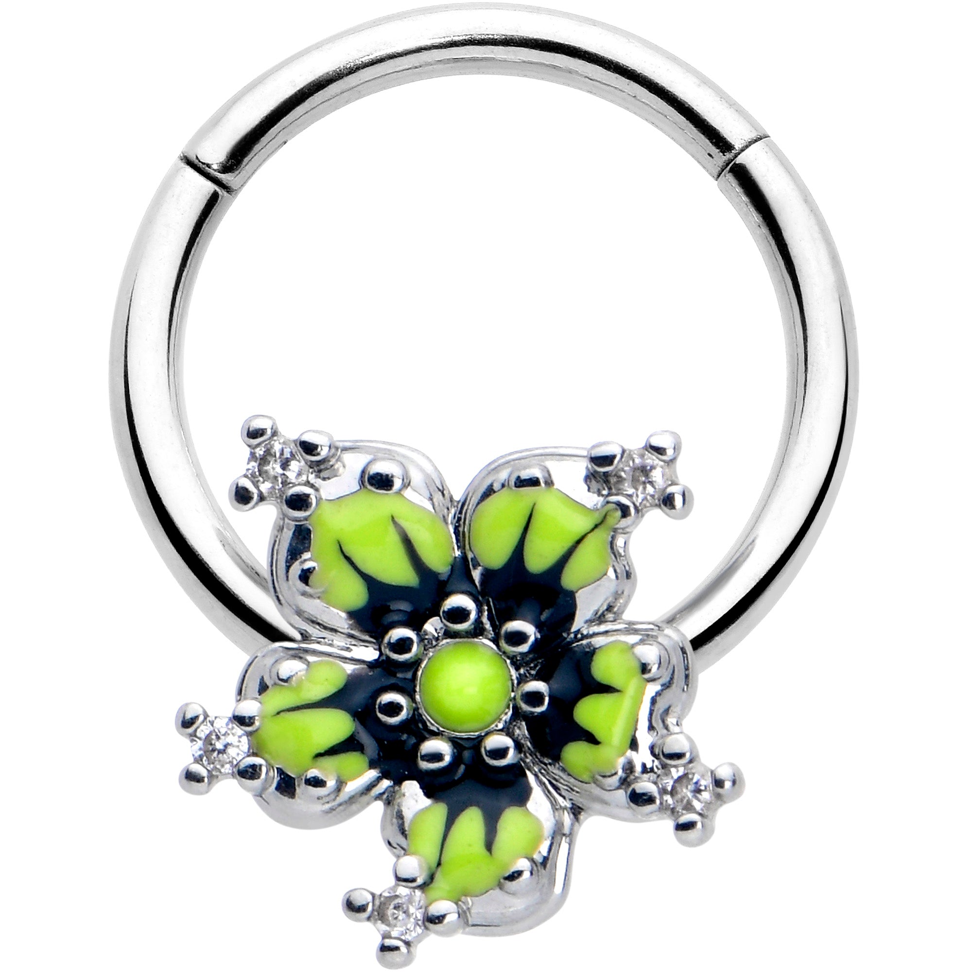 16 Gauge 3/8 Clear CZ Gem Go Green Flower Hinged Segment Ring