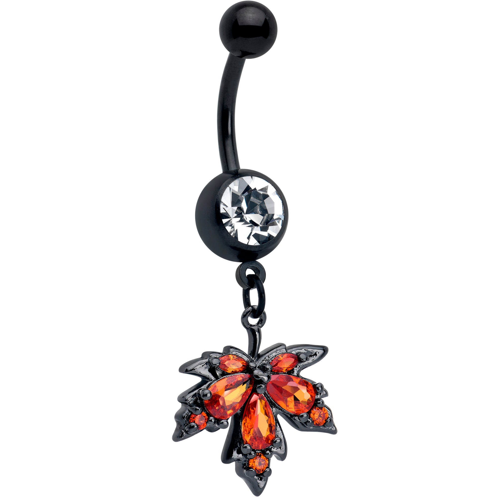 Orange CZ Gem Black Autumn Leaf Dangle Belly Ring