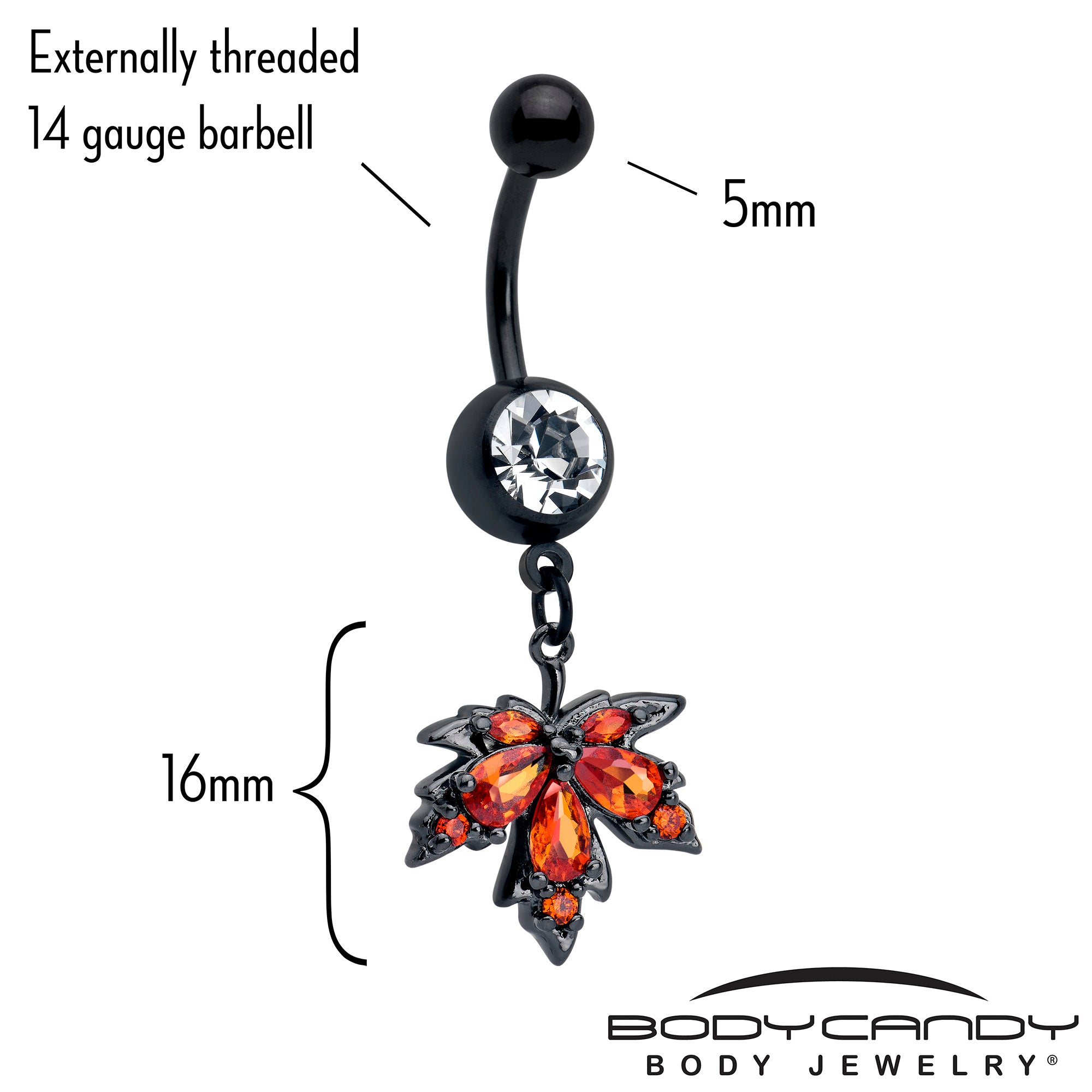 Orange CZ Gem Black Autumn Leaf Dangle Belly Ring Close-Up