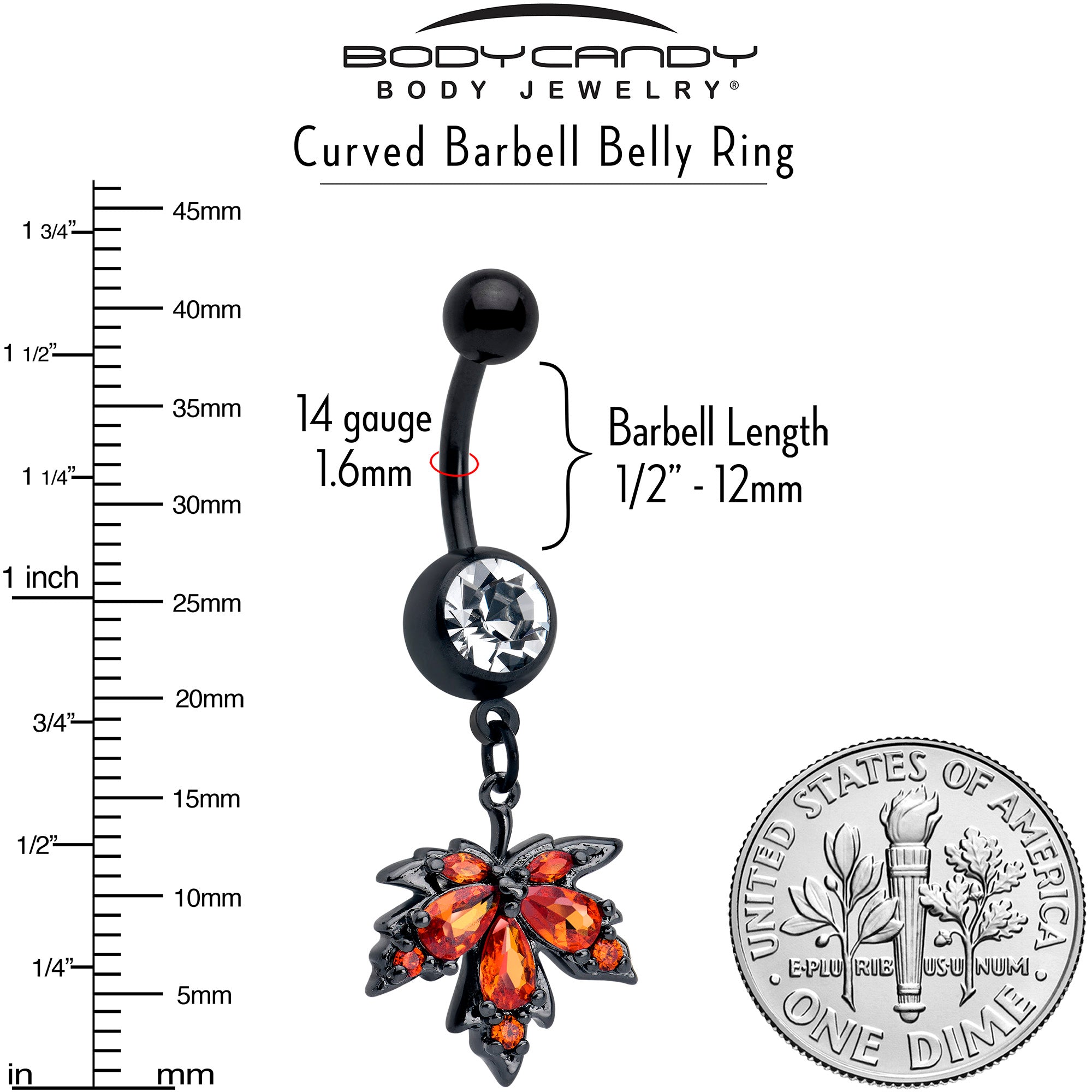 Black Autumn Leaf Dangle Belly Ring with Orange CZ Gem