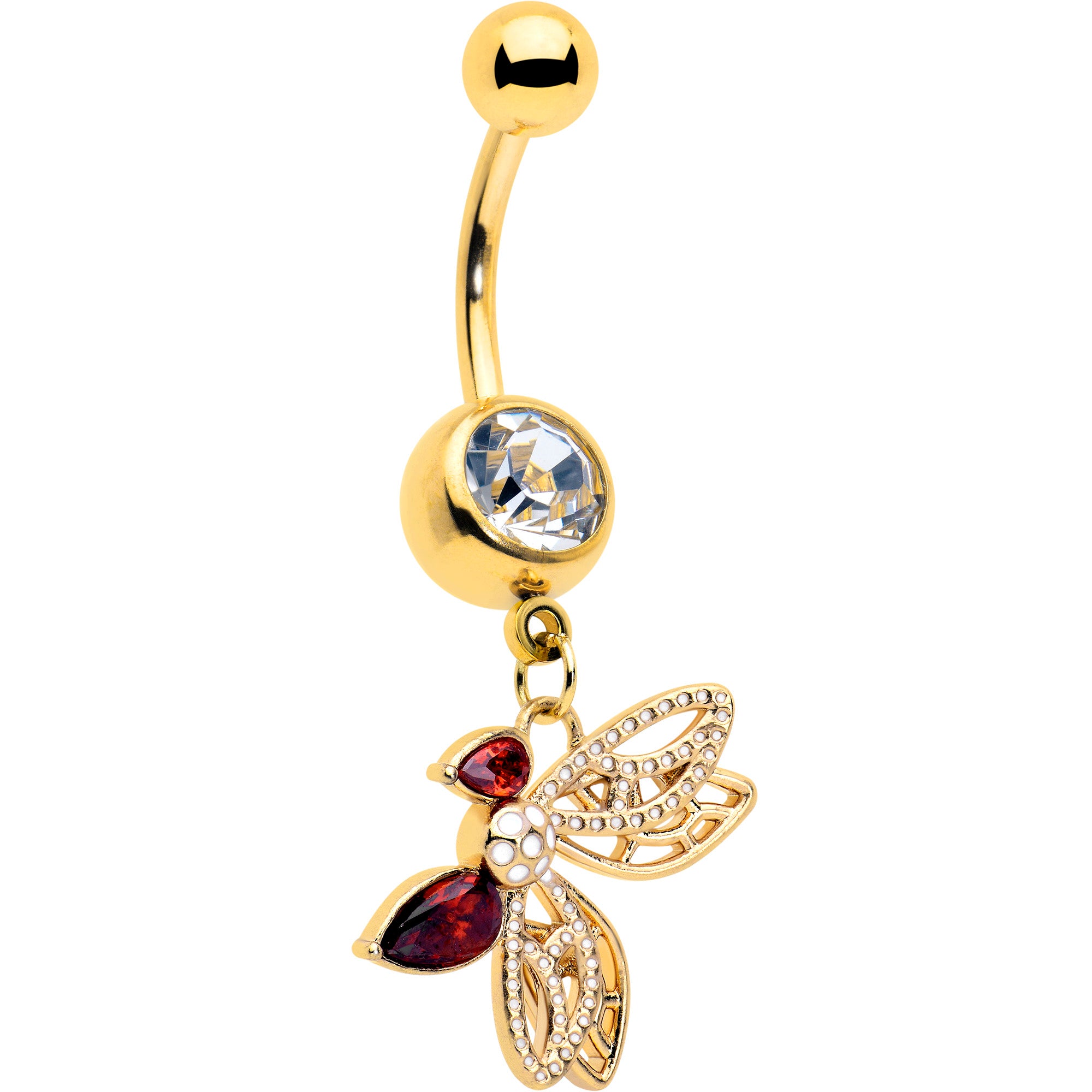 Red CZ Gem Gold Tone Drama Butterfly Dangle Belly Ring