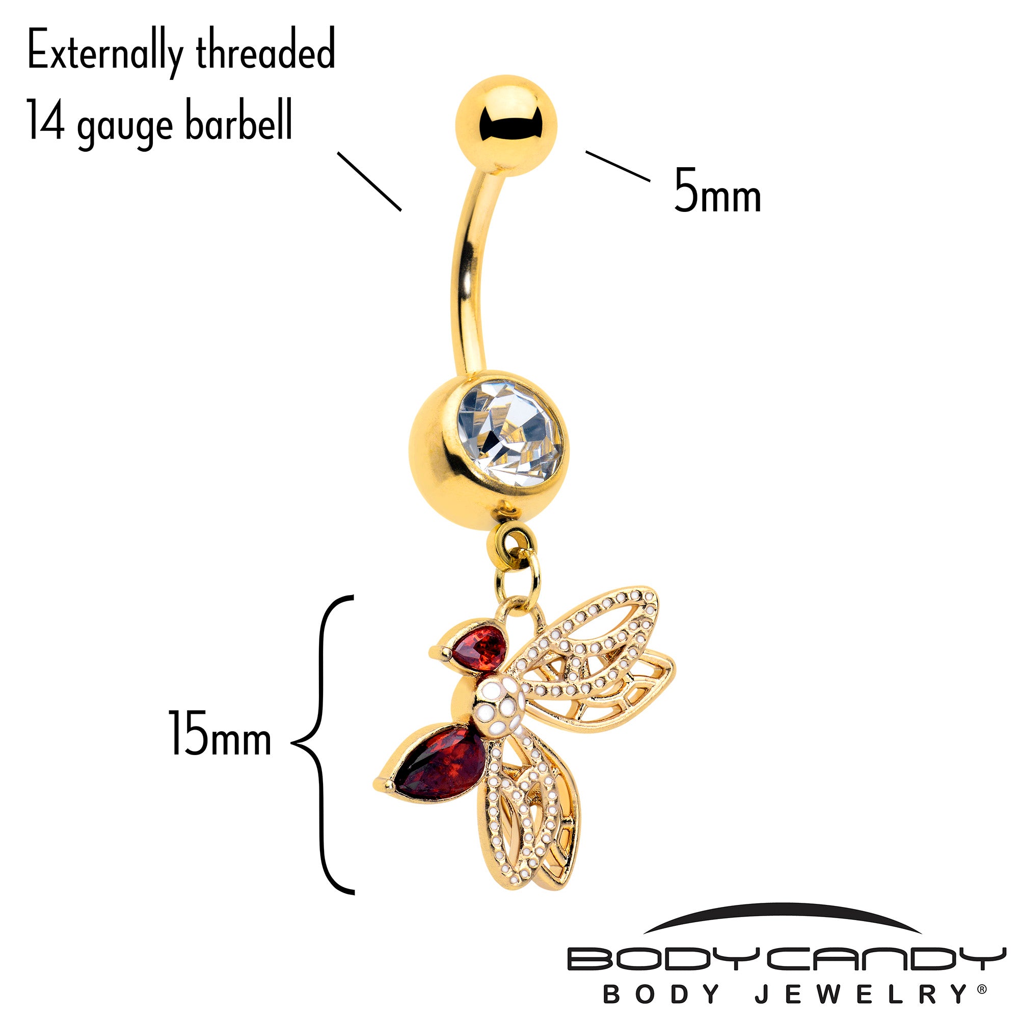 Red CZ gem butterfly dangle belly ring in gold tone