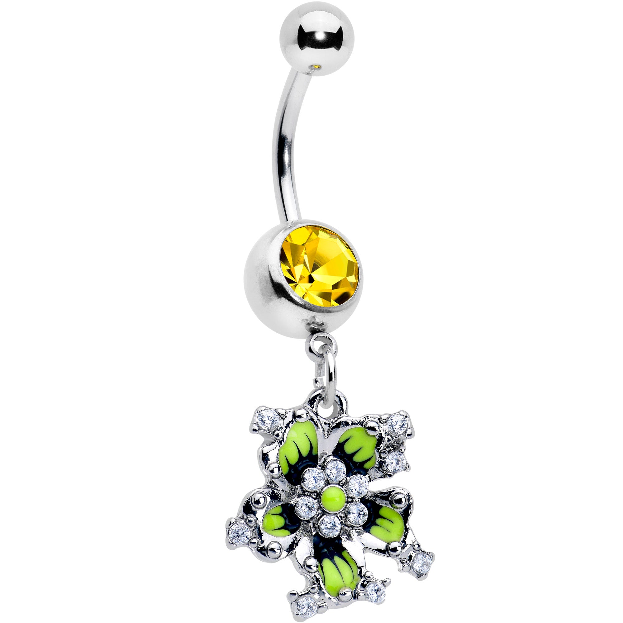 Clear Yellow CZ Gem Go Green Flower Dangle Belly Ring