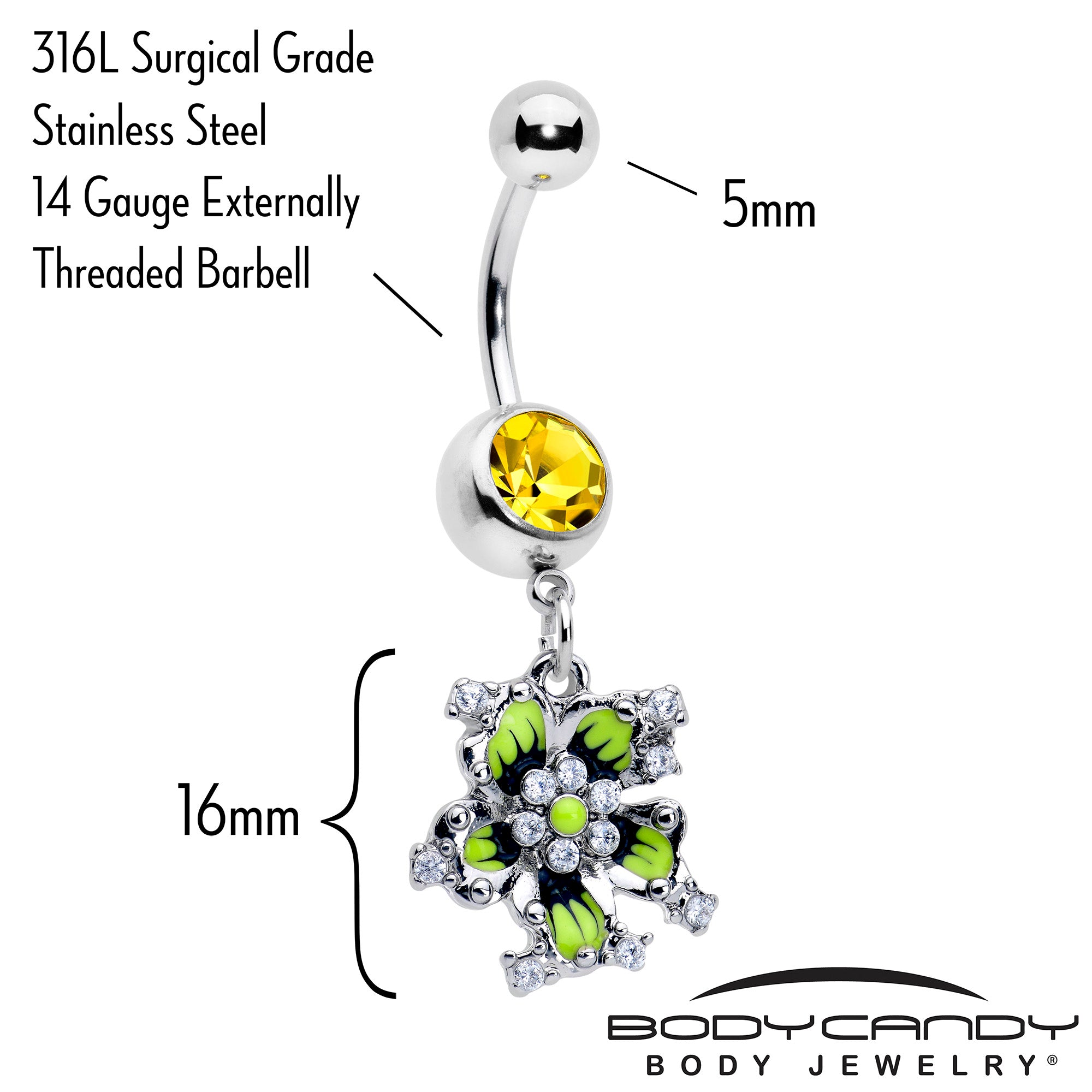 Clear yellow CZ gem flower dangle belly ring