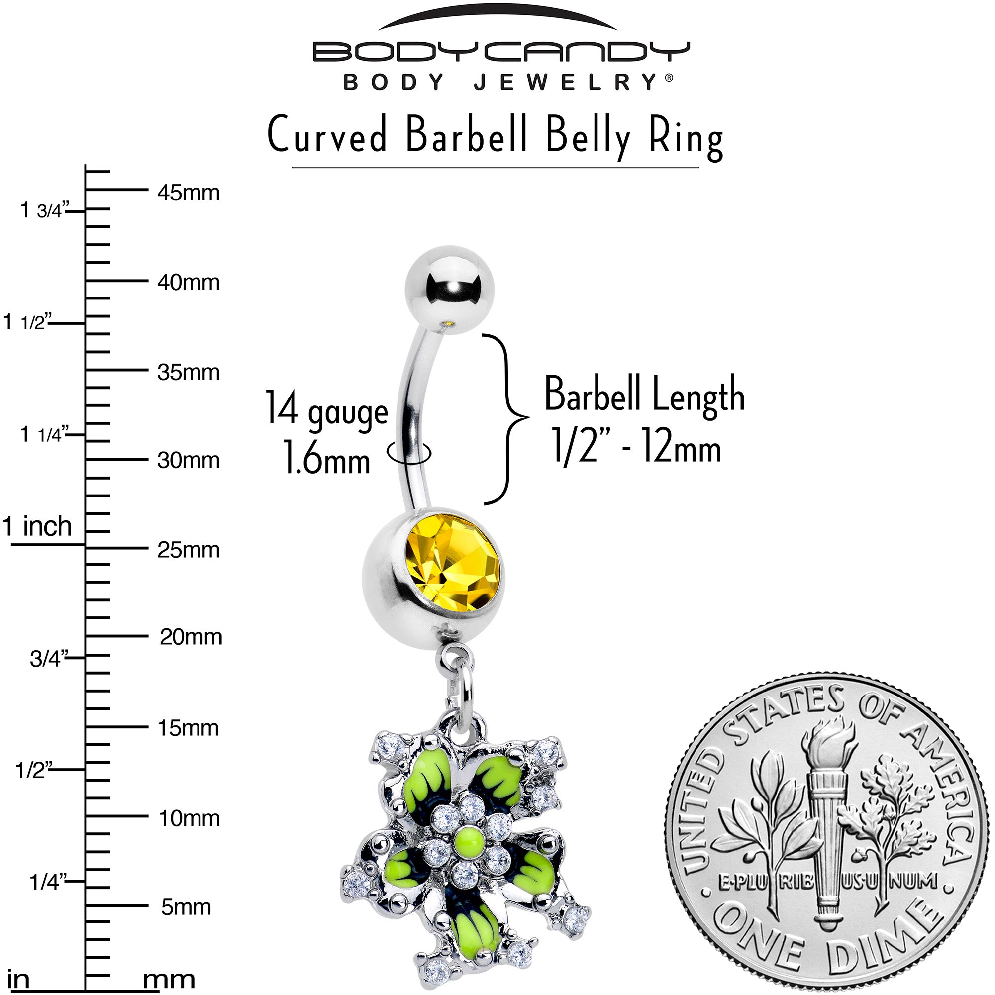 Go Green flower design belly ring with yellow CZ gem