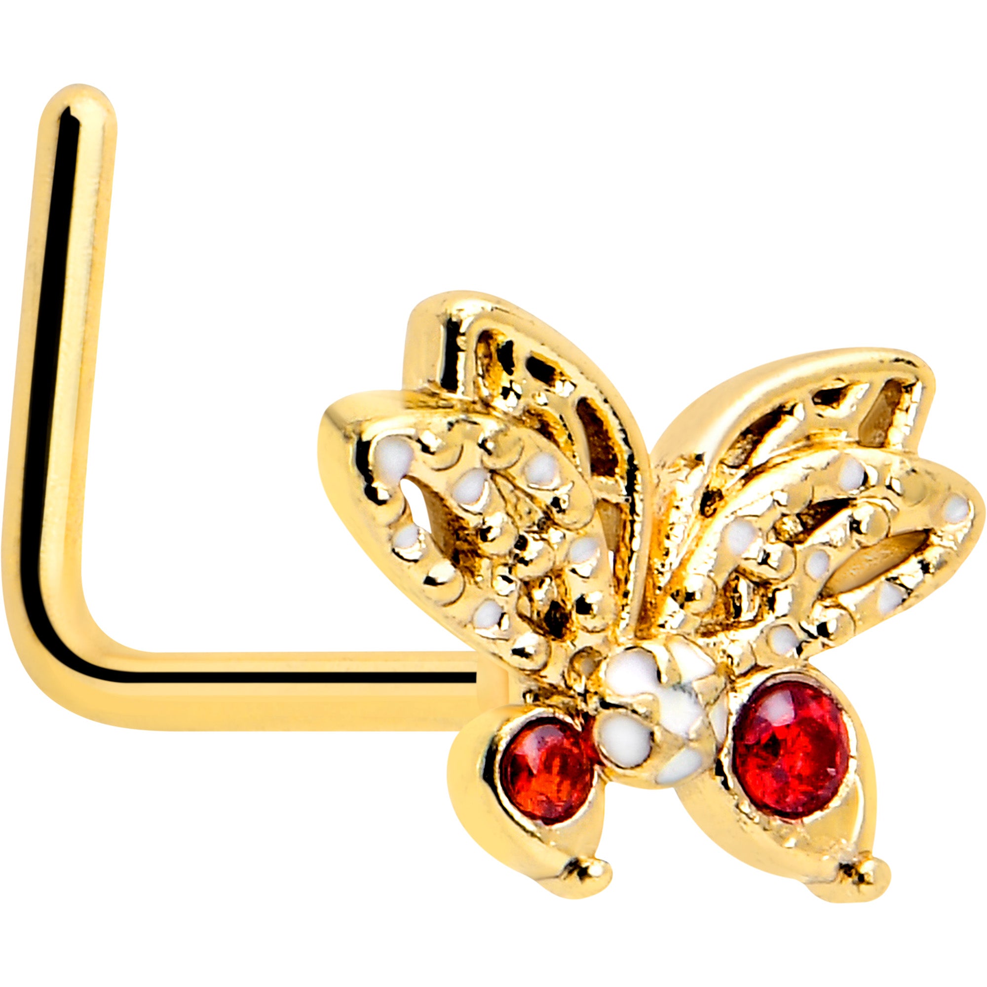 20 Gauge 7mm Red CZ Gem Gold Tone Drama Butterfly L Shape Nose Ring