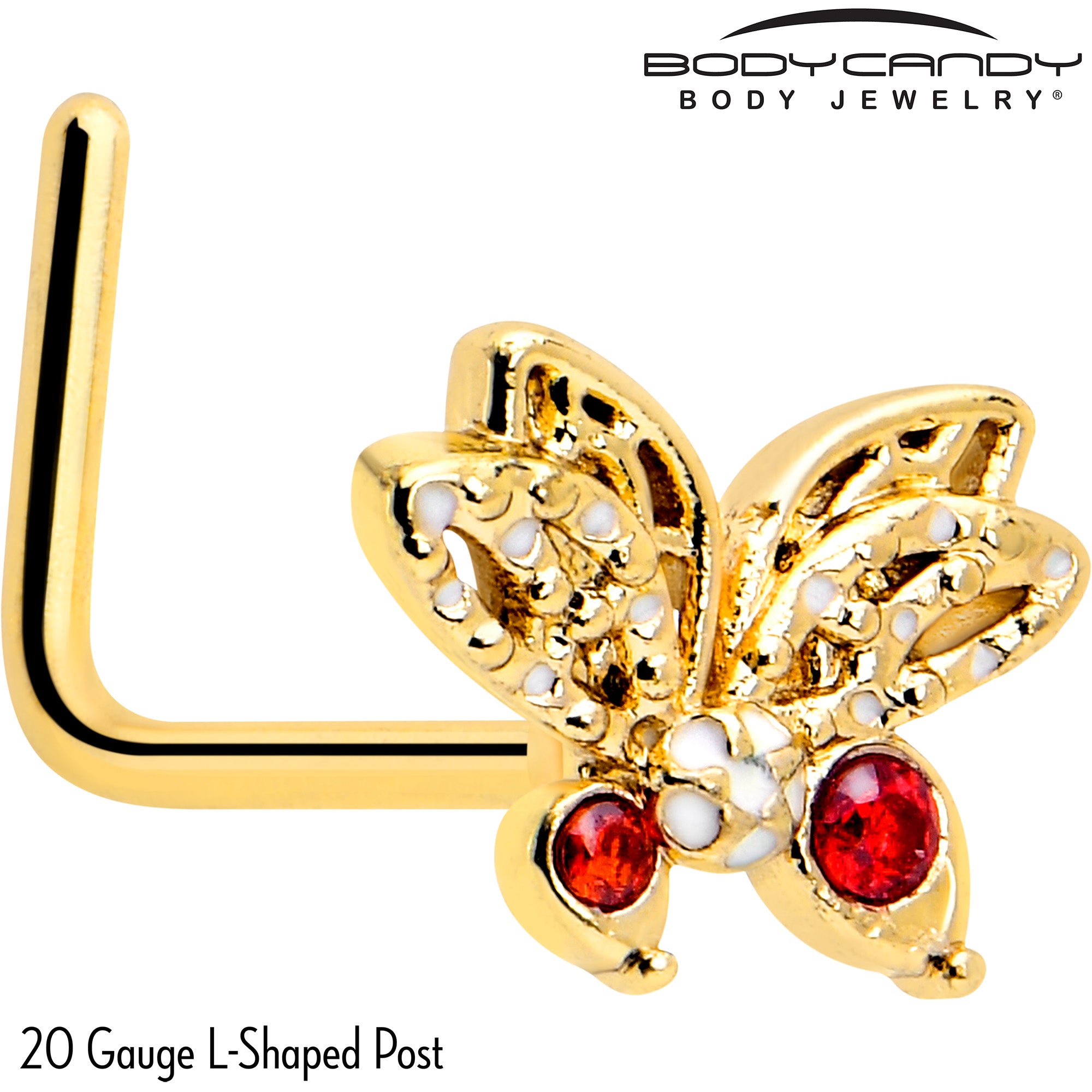 Gold tone butterfly L-shaped nose ring with red CZ gem - 20 gauge, 7mm