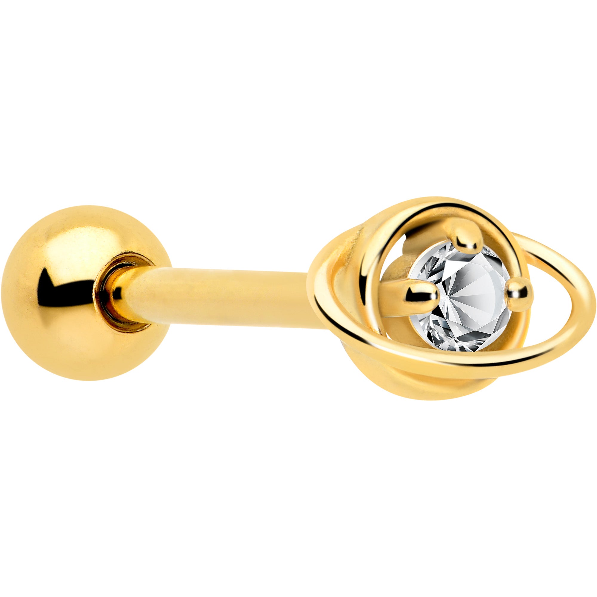 Clear CZ Gem Gold Tone Stylish Saturn Barbell Tongue Ring