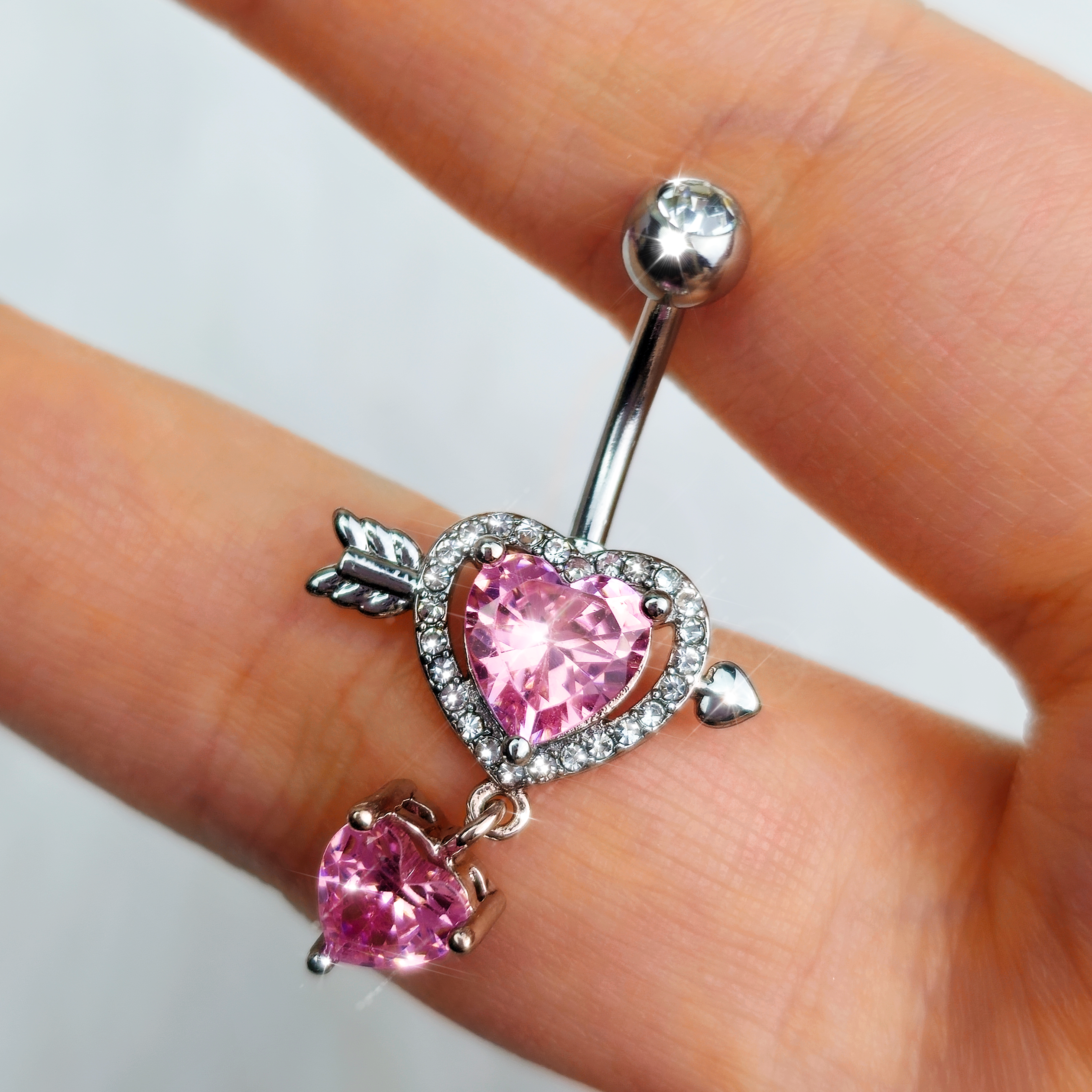 Pink Clear Gem Fusion of Love Heart Arrow Dangle Belly Ring