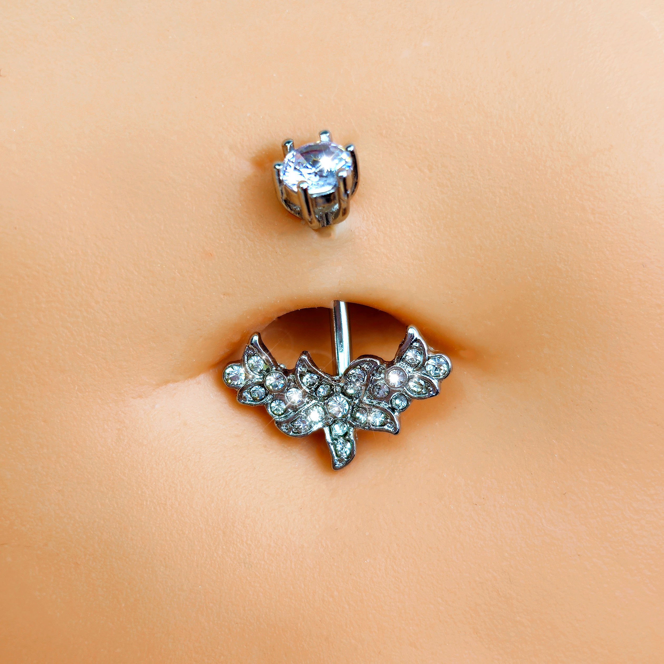 Clear CZ Gem Flower Garland Double Mount Belly Ring