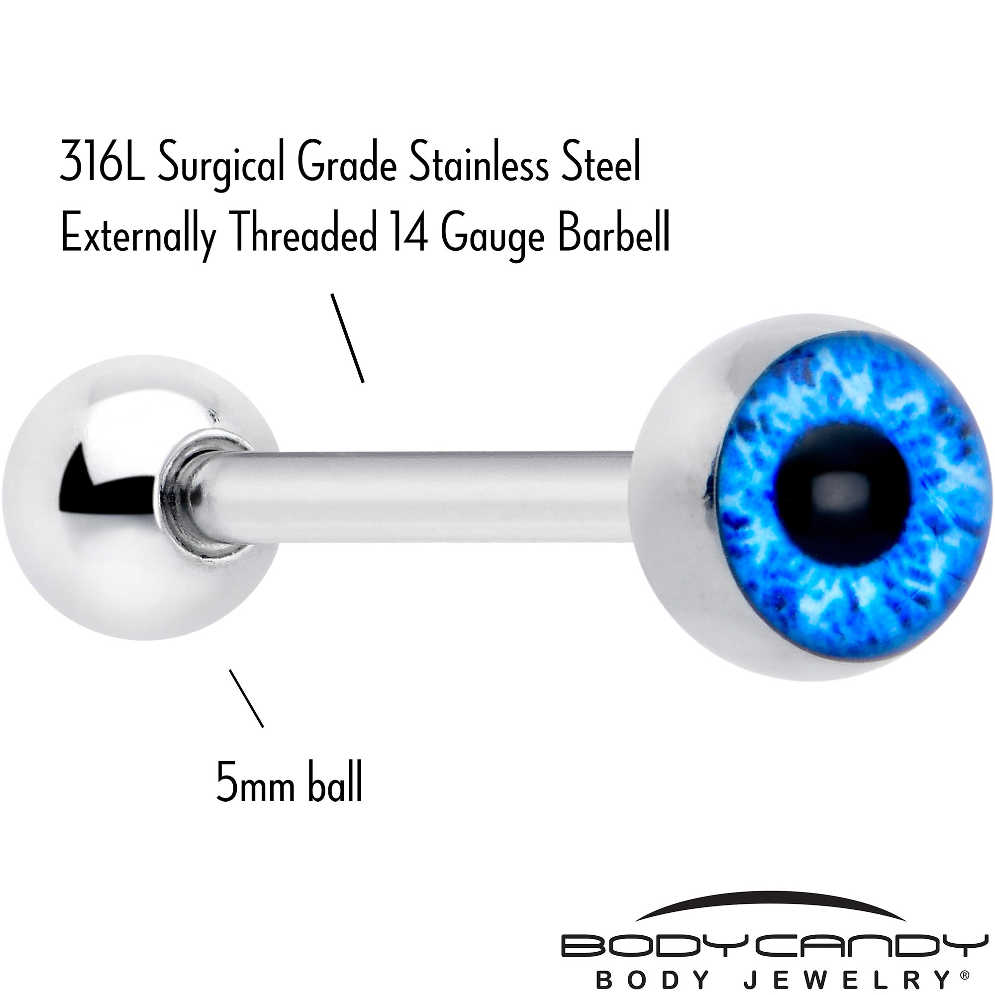 Open Blue Eye Barbell Tongue Ring with Decorative Blue Gem