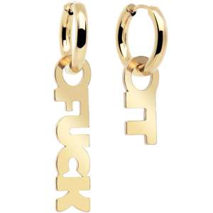 Gold Tone Stainless Steel Hinged Huggie Hoop F*ck It Dangle Earrings