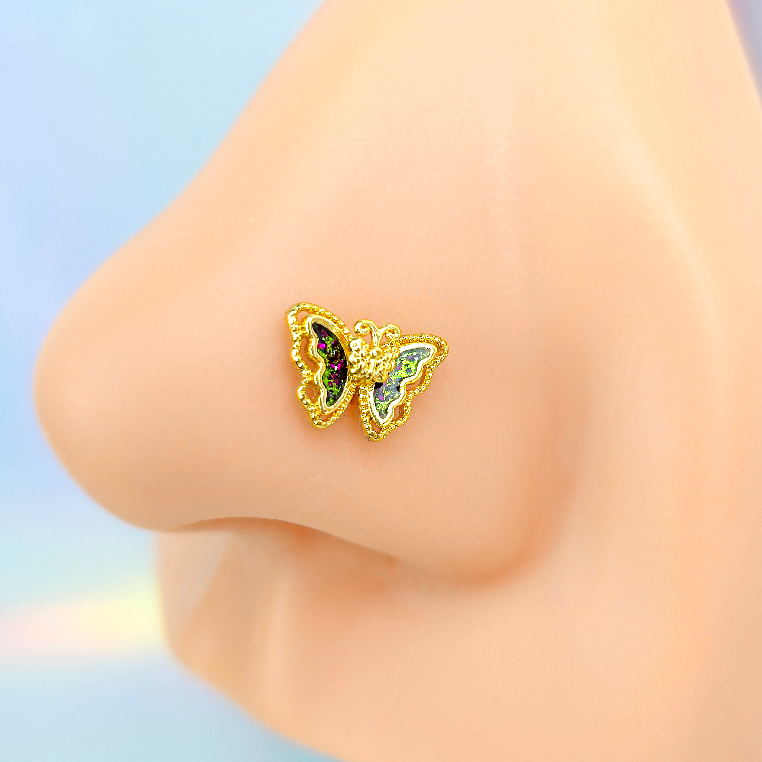 20 Gauge 7mm Vitrail Gem Classic Butterfly Golden L Shape Nose Ring