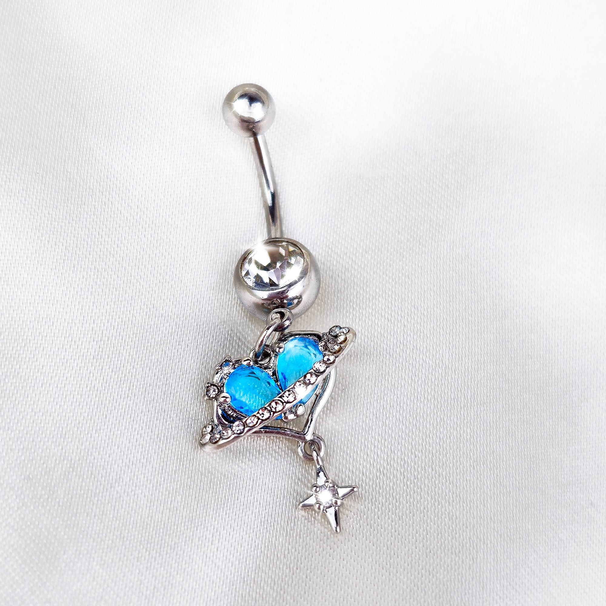 Blue Clear CZ Gem Starry Heart Saturn Dangle Belly Ring