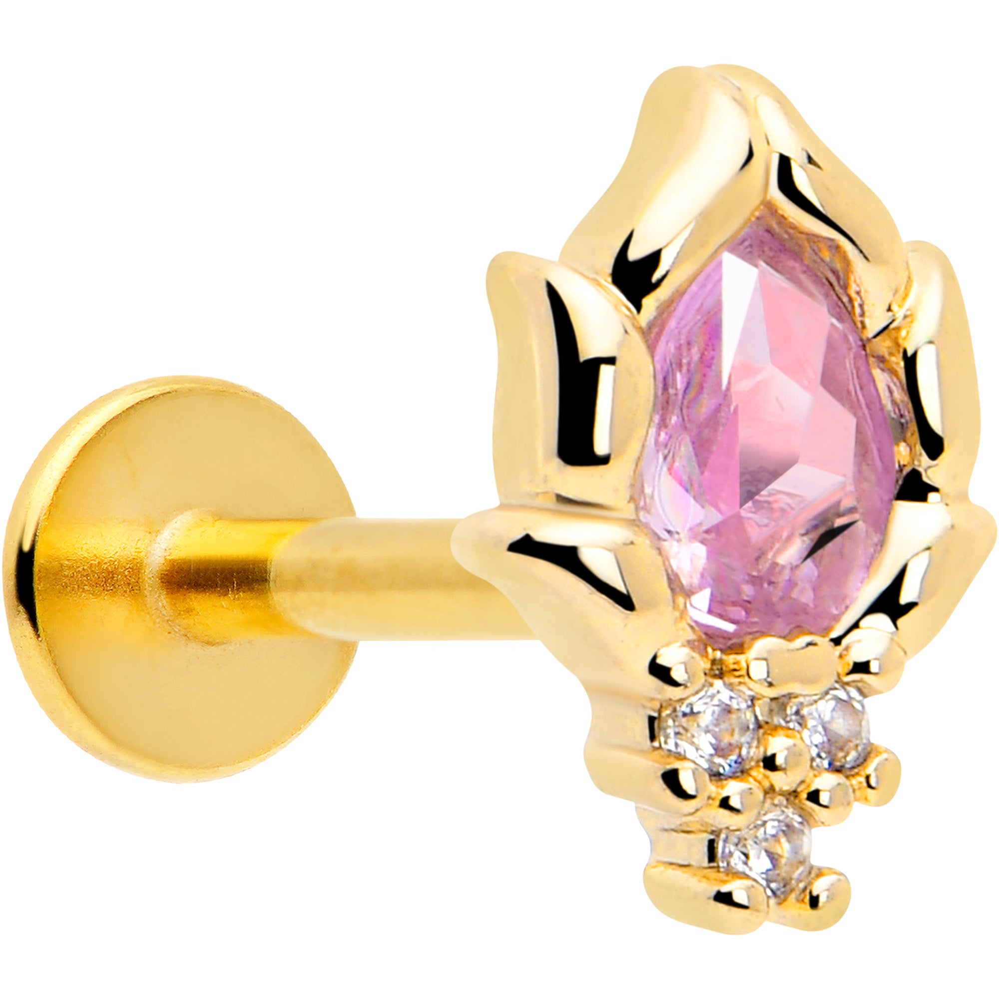 16 gauge 5/16 pink CZ gem gold tone labret stud