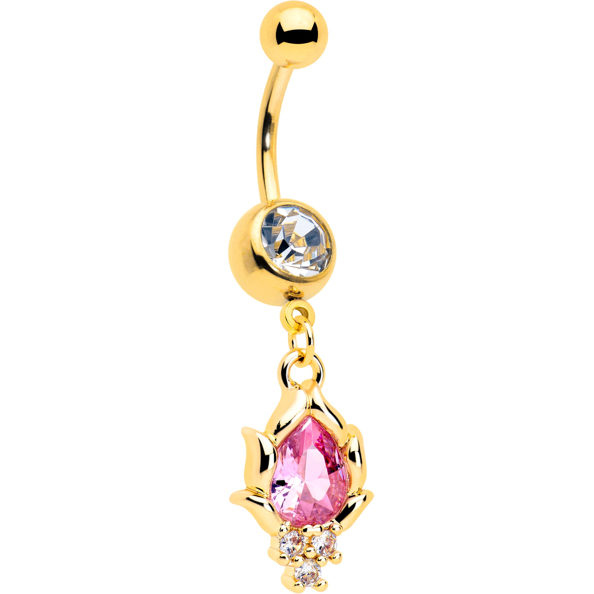 Gold-tone dangle belly ring with pink CZ gemstone