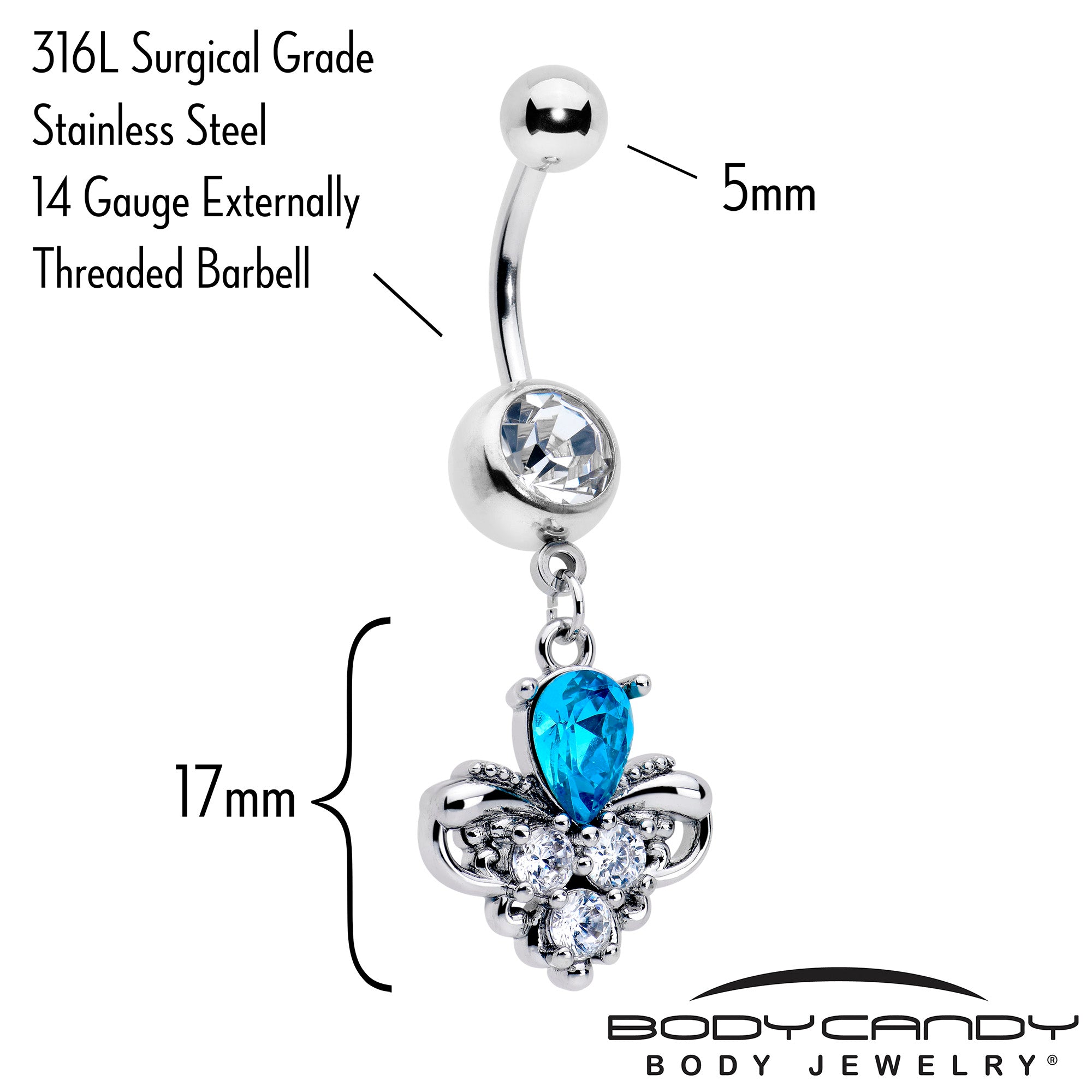 Hypoallergenic blue dangle belly ring with clear gem