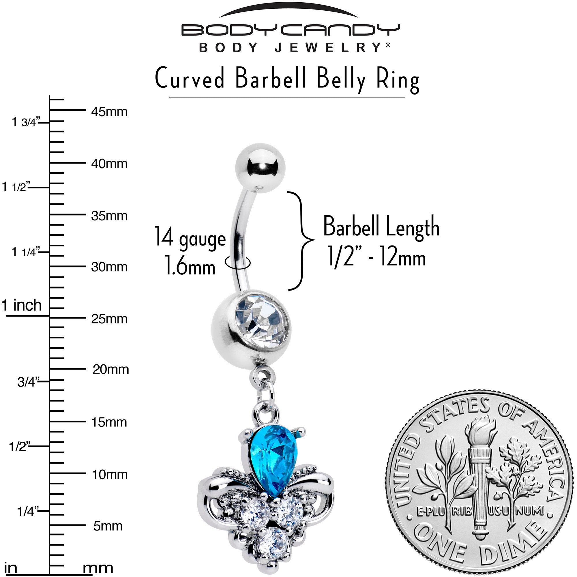 Blue belly ring with dangling clear gem accent