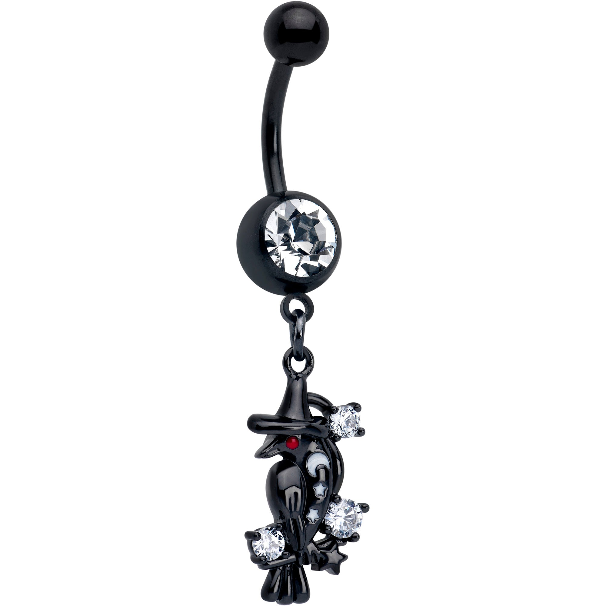 Clear CZ Gem Black Raven Witch Dangle Belly Ring