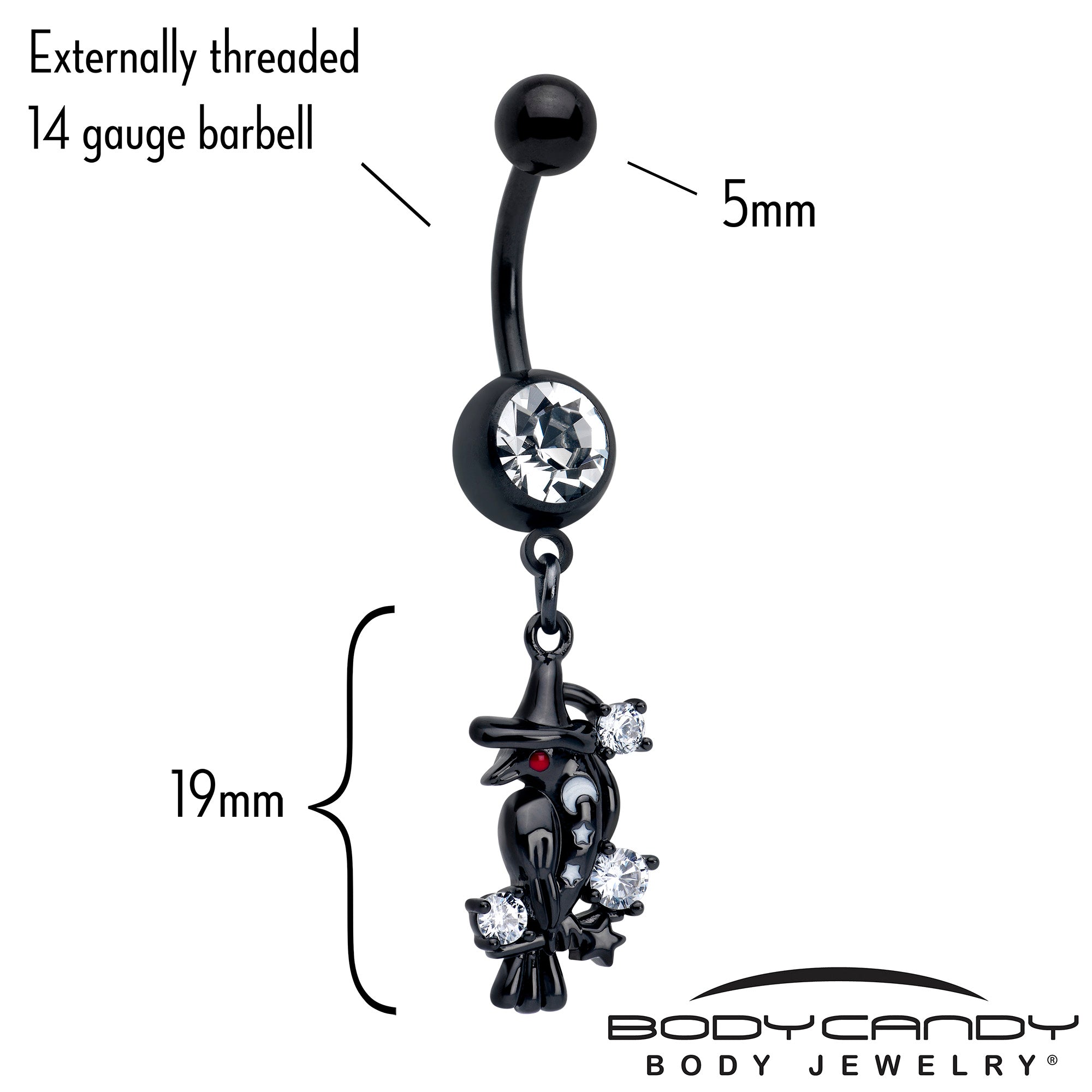 Black Raven Witch Belly Ring with Clear CZ Gem