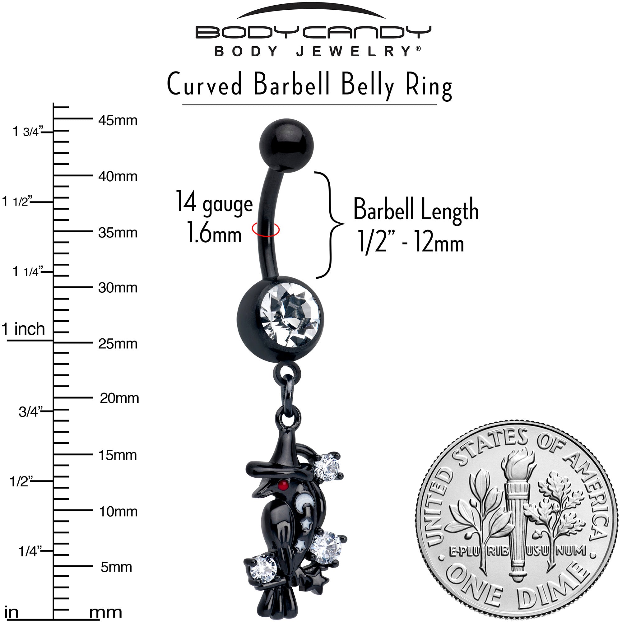 Dangle Belly Ring featuring Clear CZ Gem and Raven Witch Design