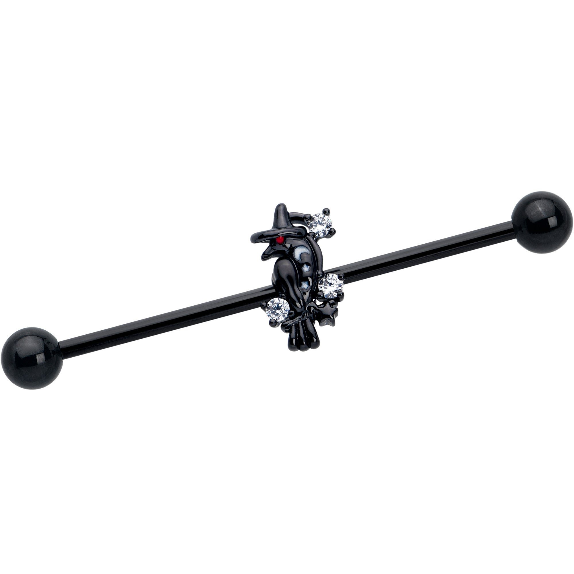 14 Gauge Industrial Barbell with Clear CZ Gem and Black Raven Witch Design