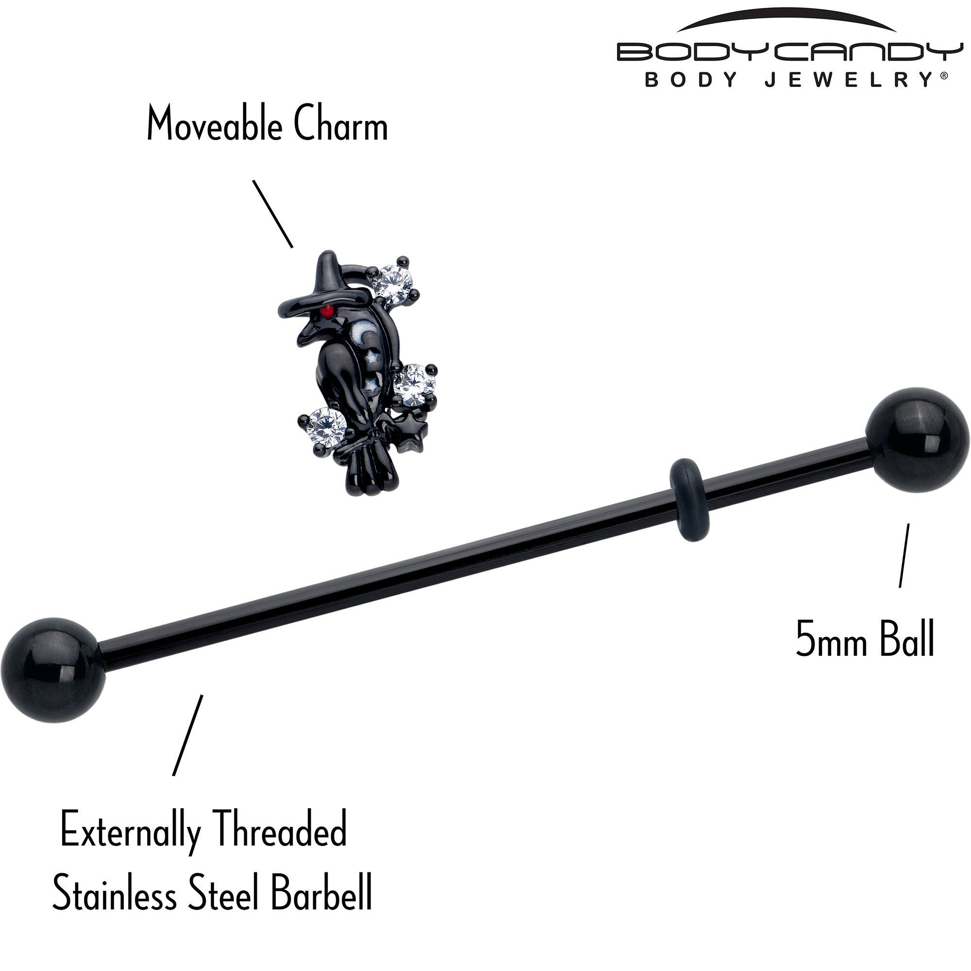 Clear CZ Gem and Black Raven Industrial Barbell Piercing, 14 Gauge