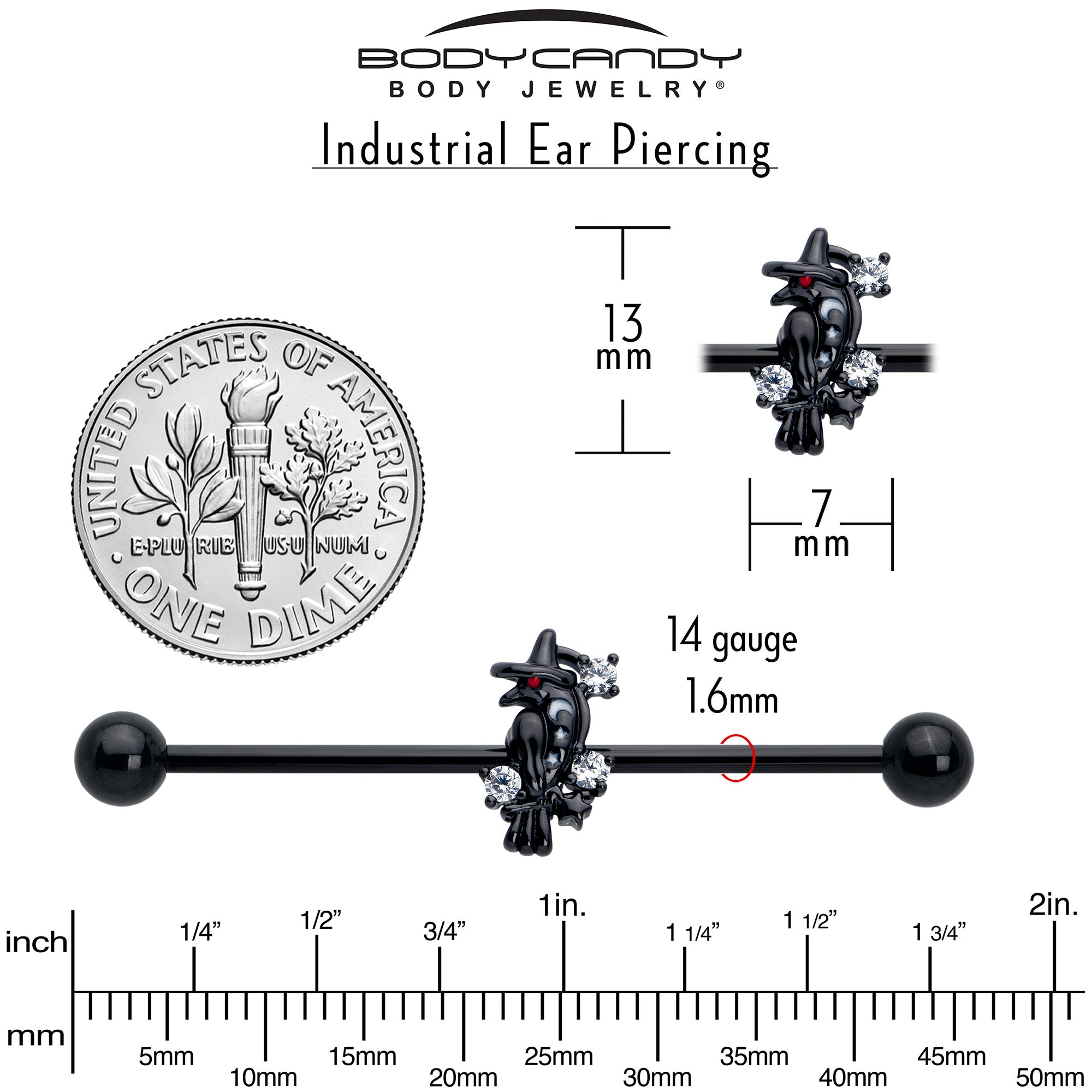 Witch-Themed Black Raven Industrial Barbell with CZ Gem – 38mm