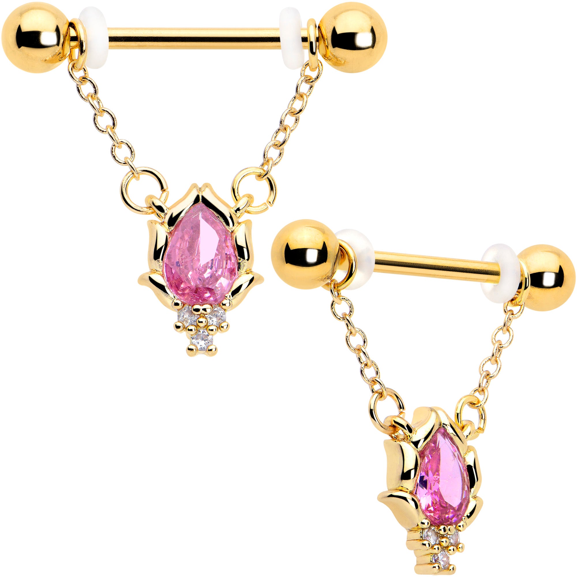 14 Gauge Pink CZ Gem Dangle Nipple Rings Set