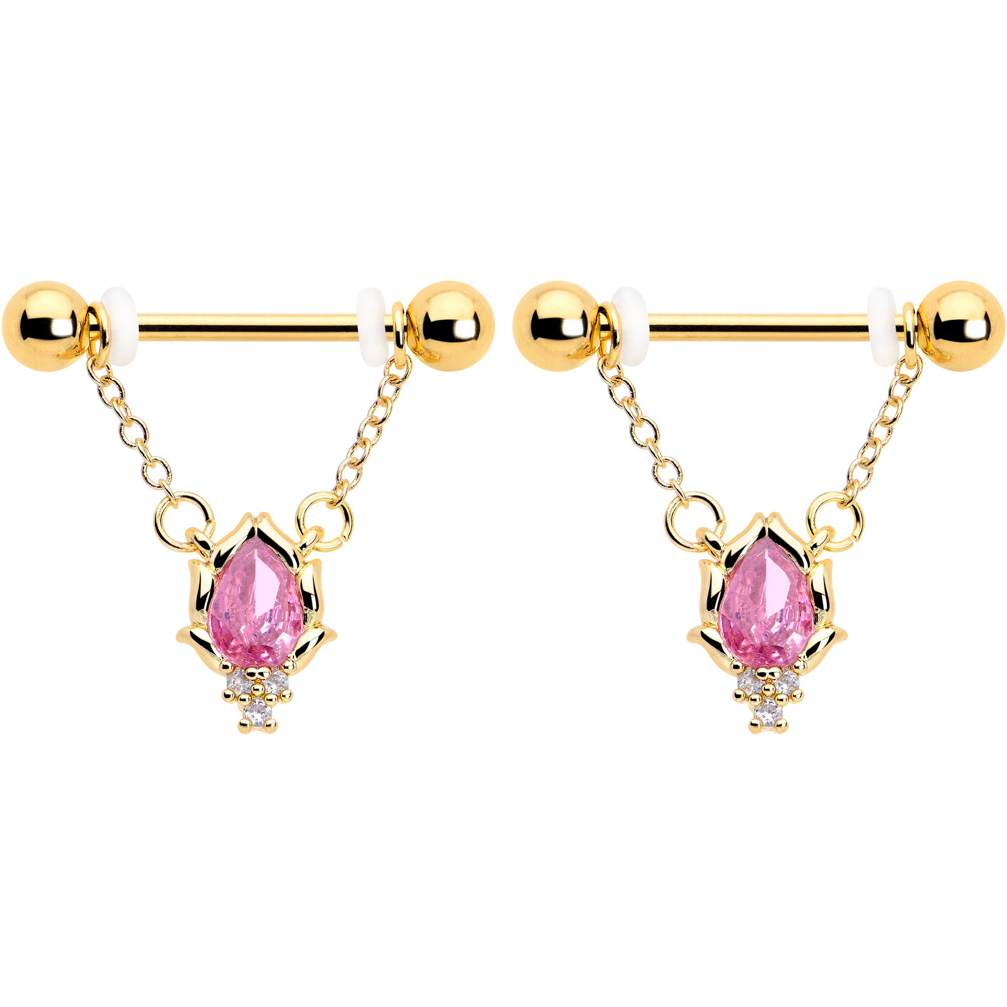 Gold Tone Fire Dangle Nipple Ring with Pink CZ