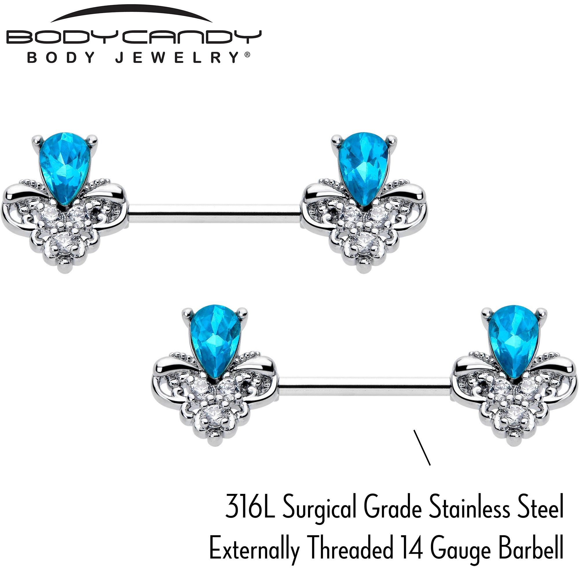 Blue gem nipple rings 14 gauge barbell style