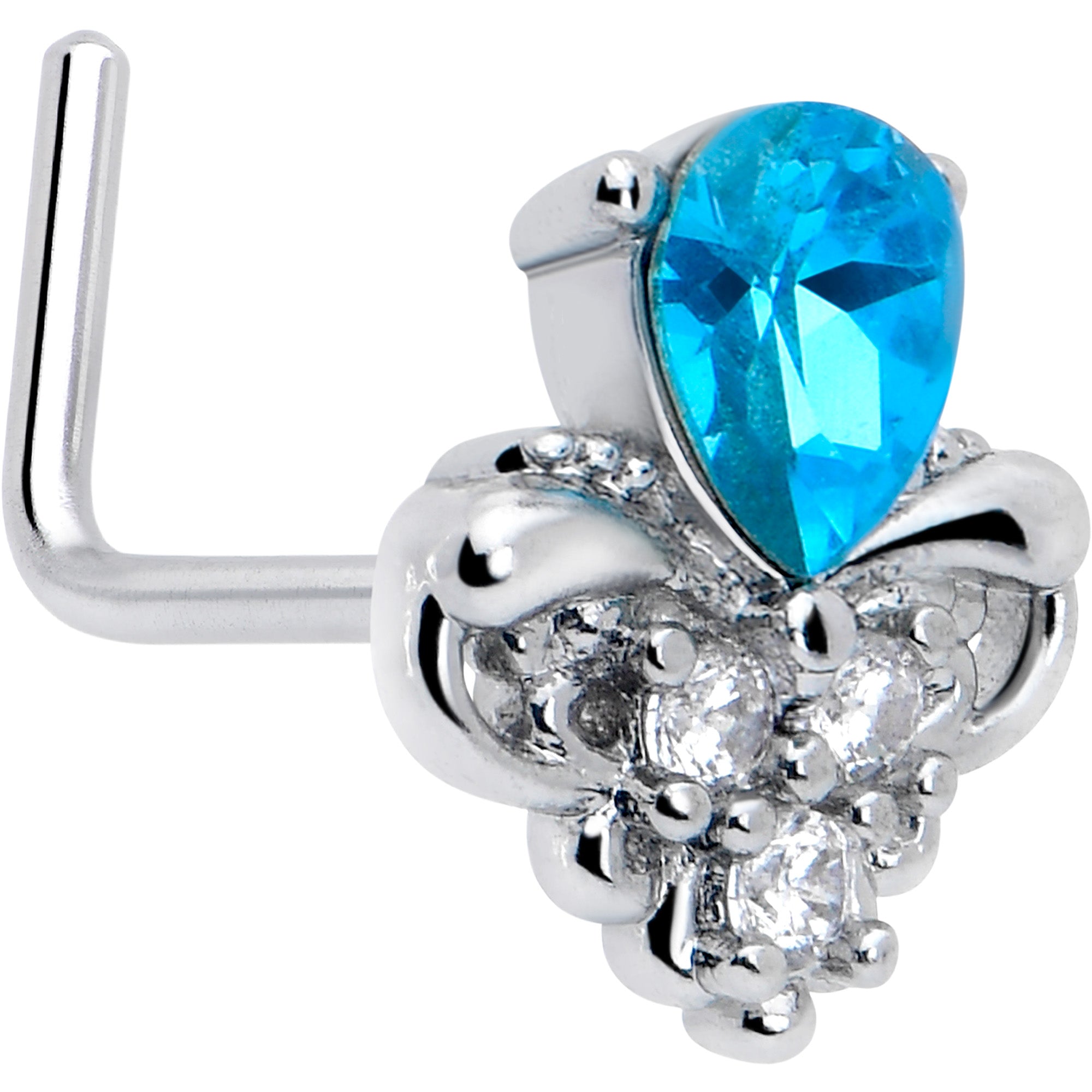 20 Gauge L Shape Nose Ring with Blue Gem