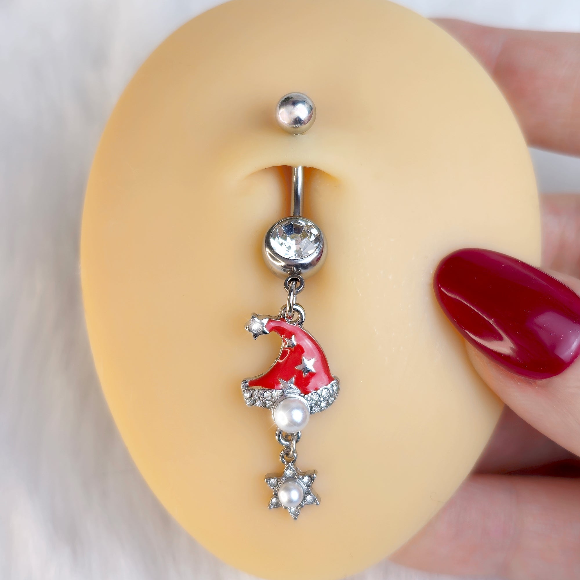 Clear Gem Santa Hat Stars Red Dangle Belly Ring