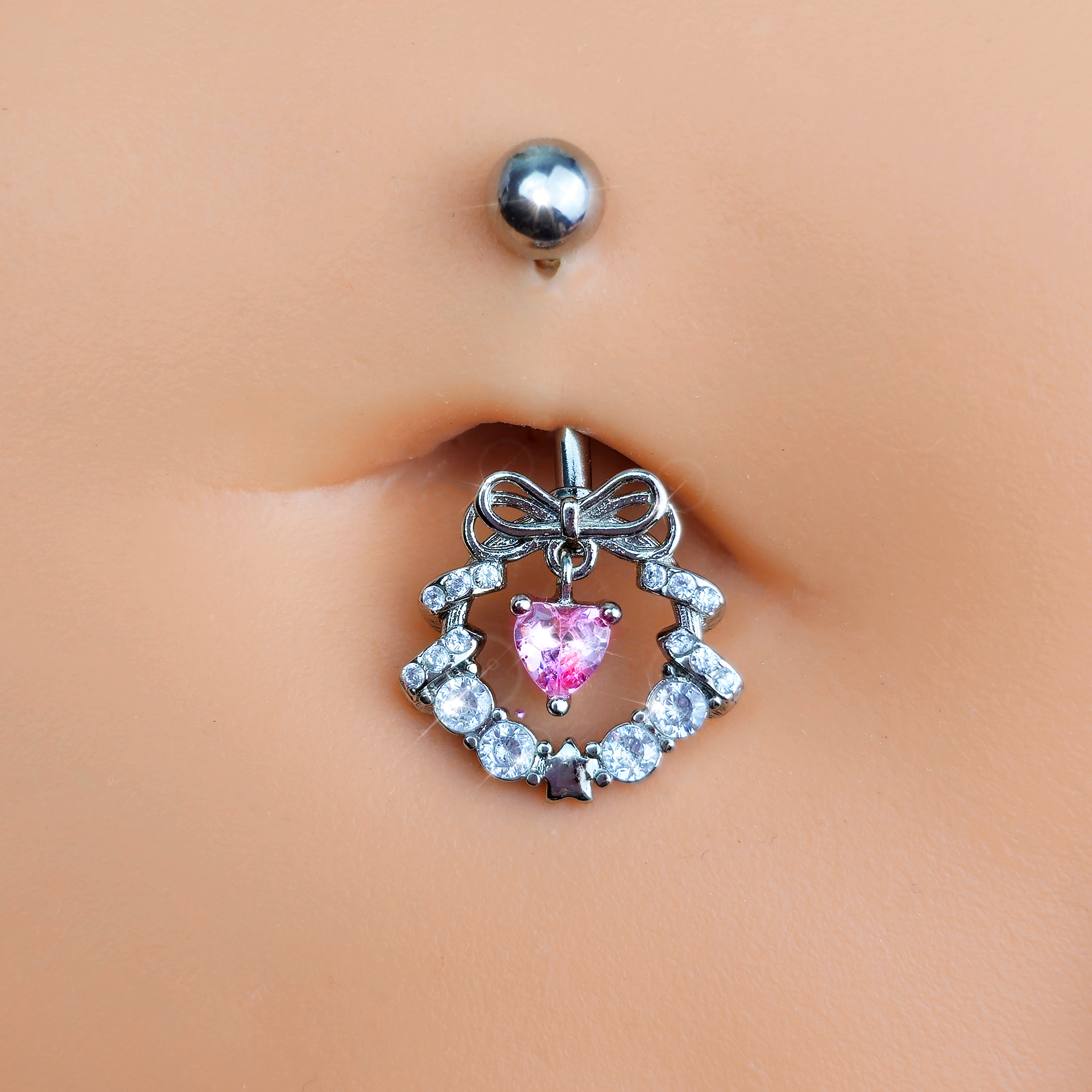 Clear Pink CZ Gem Heart Wreath of Love Belly Ring