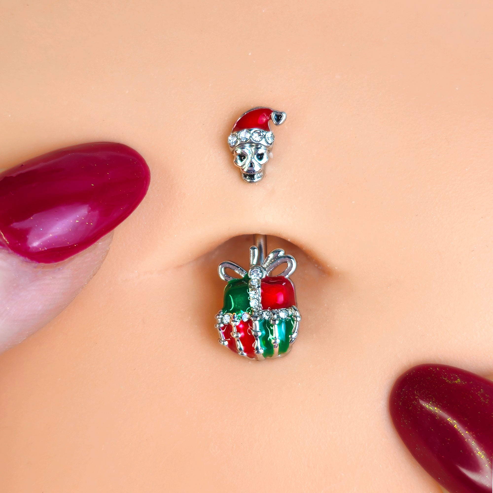 Clear Gem Santa Hat Skull Gift Hand Double Mount Belly Ring