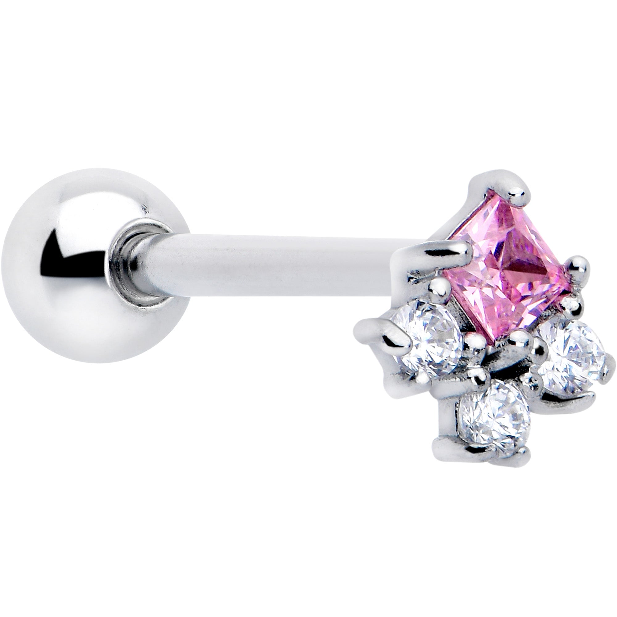 Pink clear cubic zirconia gem rhombus tongue ring barbell