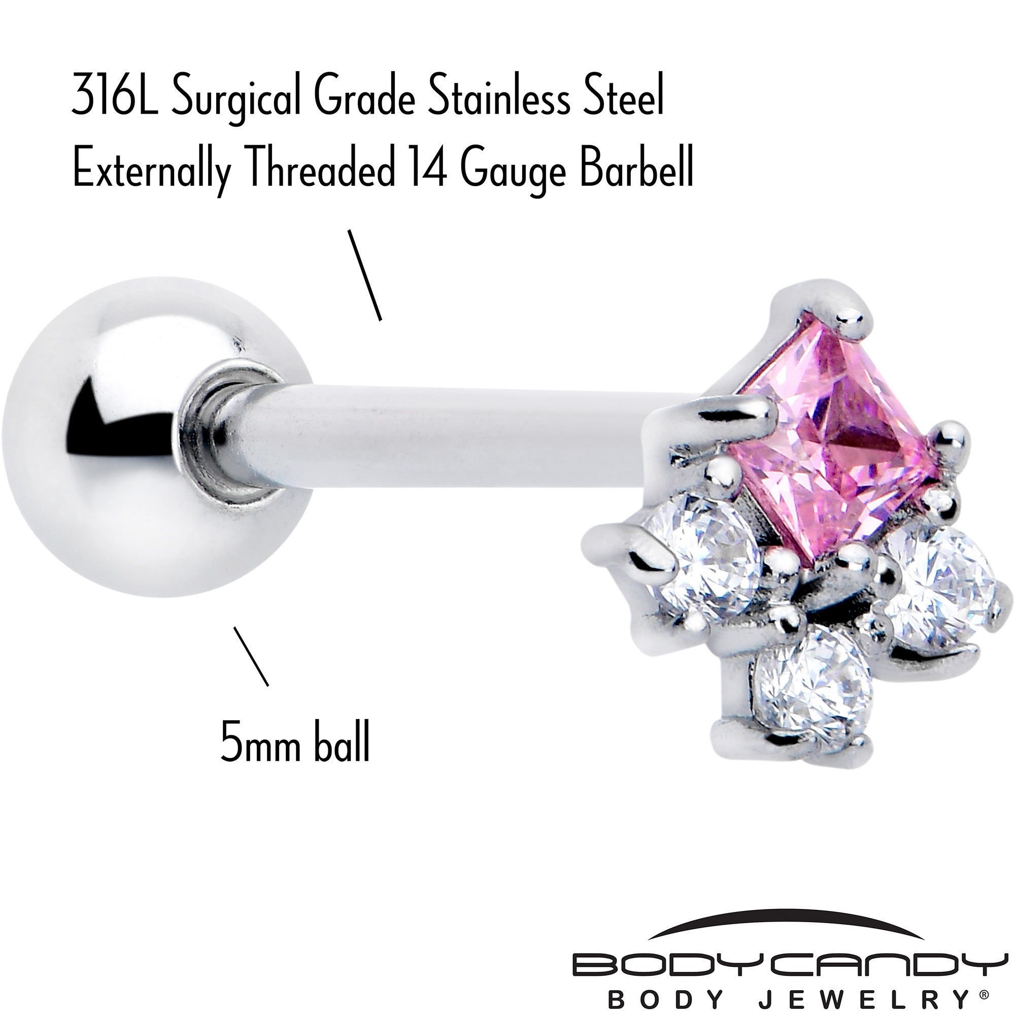 Stylish pink rhombus tongue ring with clear CZ gem