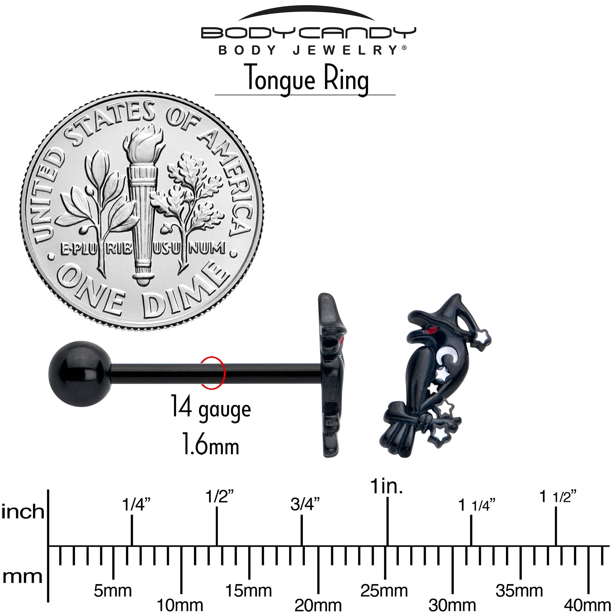 Stylish barbell tongue ring with black raven charm